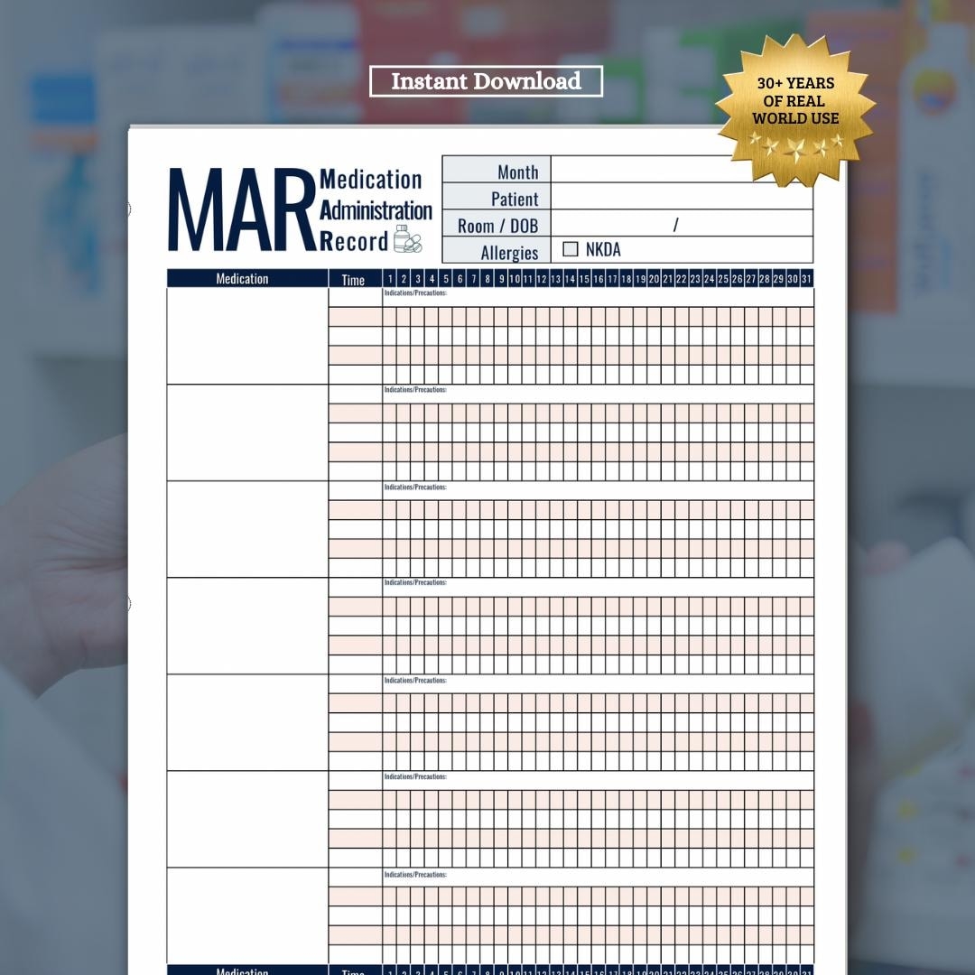 Medication Administration Record MAR Patient Medicine Tracker PDF Download Etsy