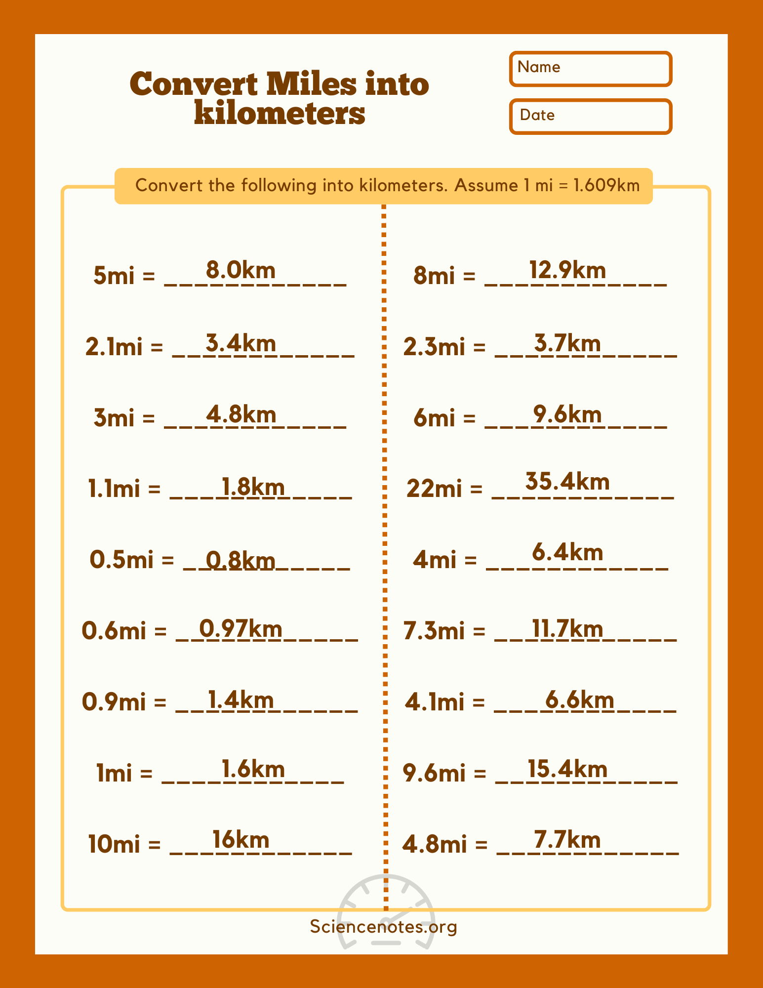 Miles To Kilometers Worksheets Miles To Kilometers Worksheets