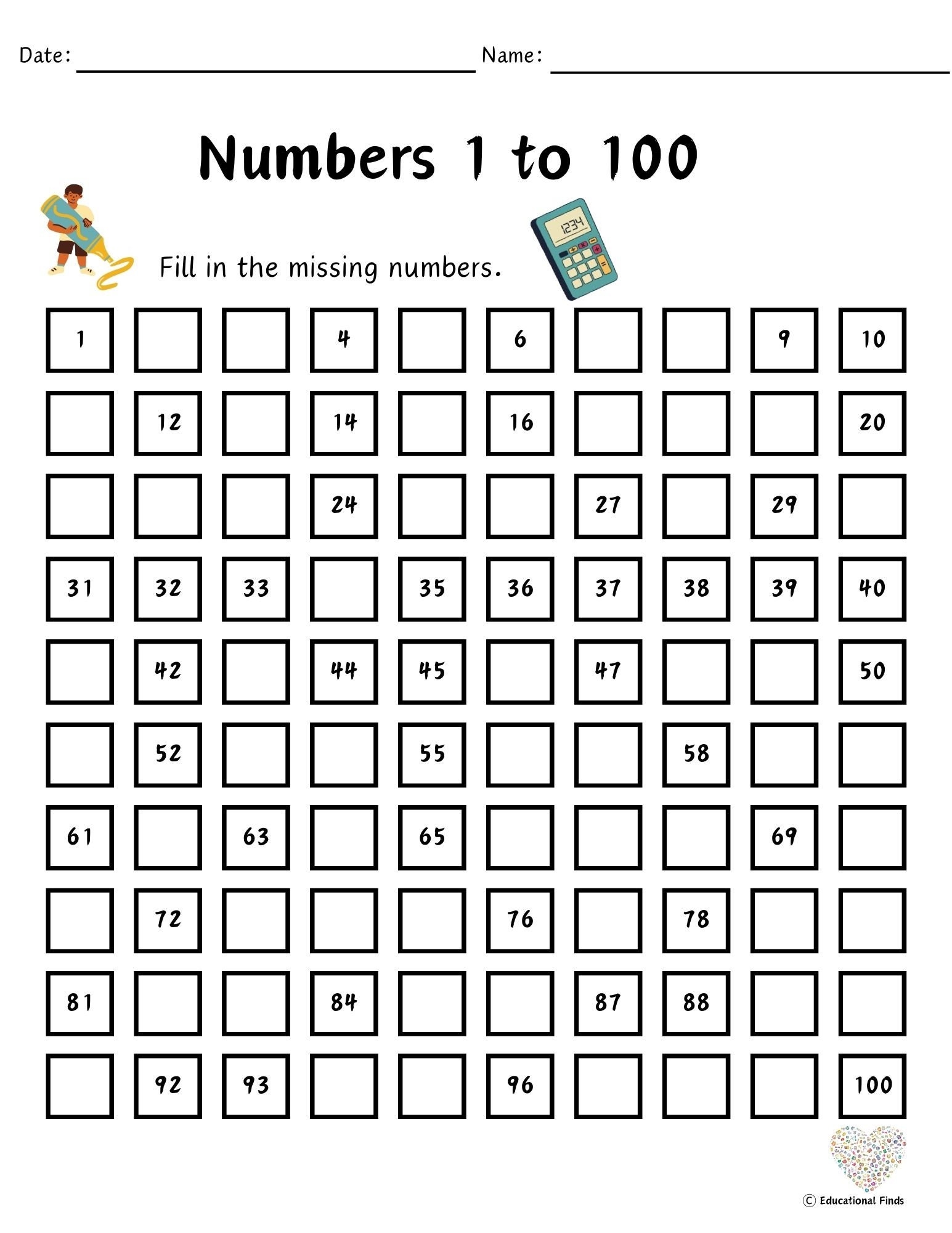 One Hundreds Chart Printable Missing Numbers
