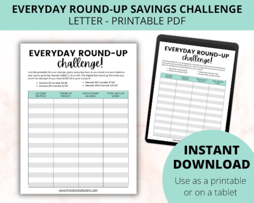 Money Saving Challenge Printable EVERYDAY ROUND UP Savings Challenge Savings Tracker Savings Planner Etsy