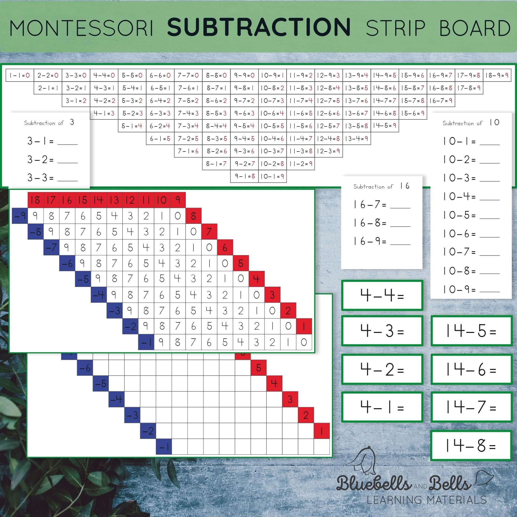 Montessori Subtraction Strip Board Printable Charts Booklets Equation Slips Worksheets 1st Grade And Kindergarten Math Activity Etsy