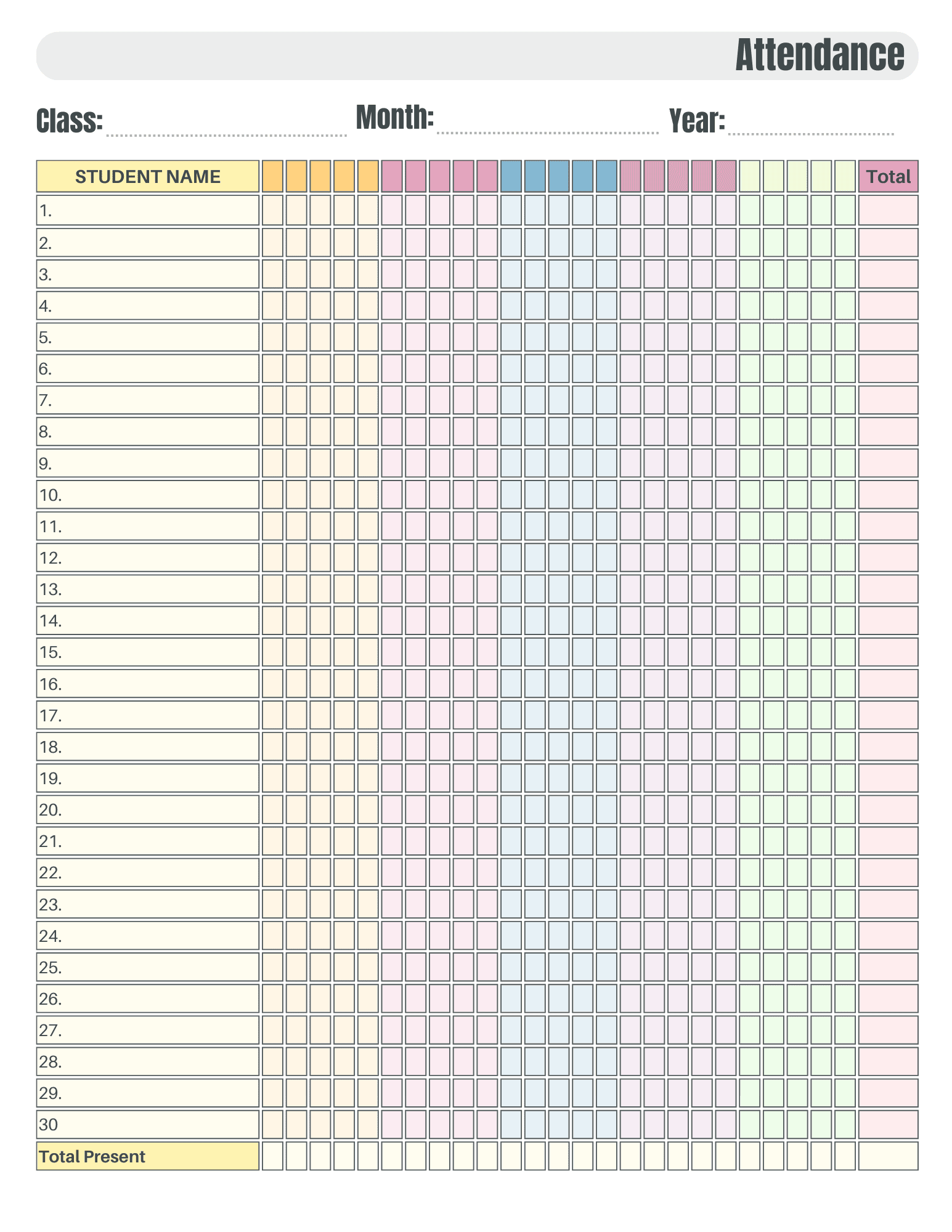 Monthly Attendance Sheet FREE Printable Monthly Attendance Sheet FREE Printable