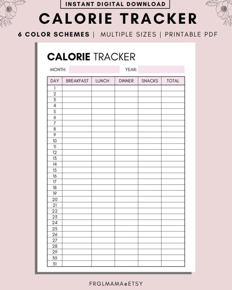 Monthly Calorie Tracker Printable A4 A5 US Letter PDF Download Etsy