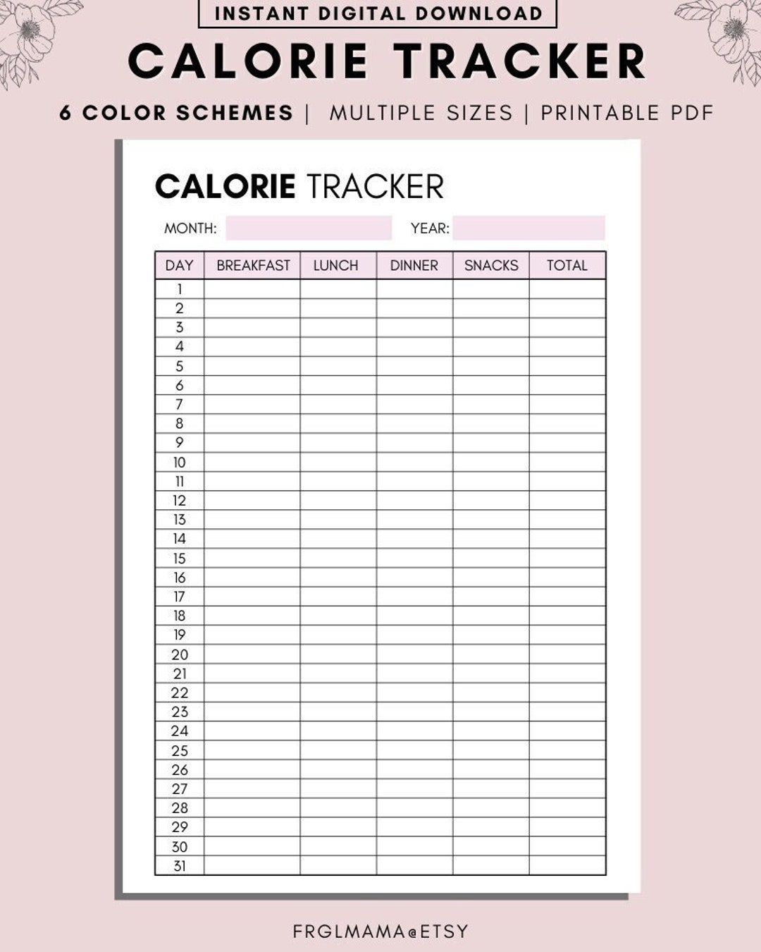 Monthly Calorie Tracker Printable A4 A5 US Letter PDF Download Etsy