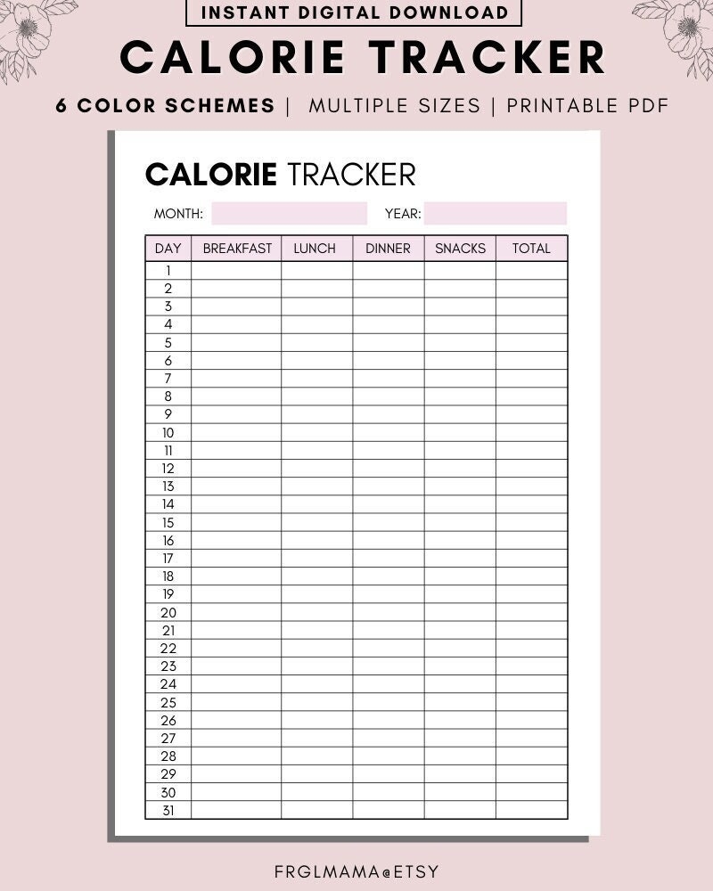 Monthly Calorie Tracker Printable A4 A5 US Letter PDF Download Etsy