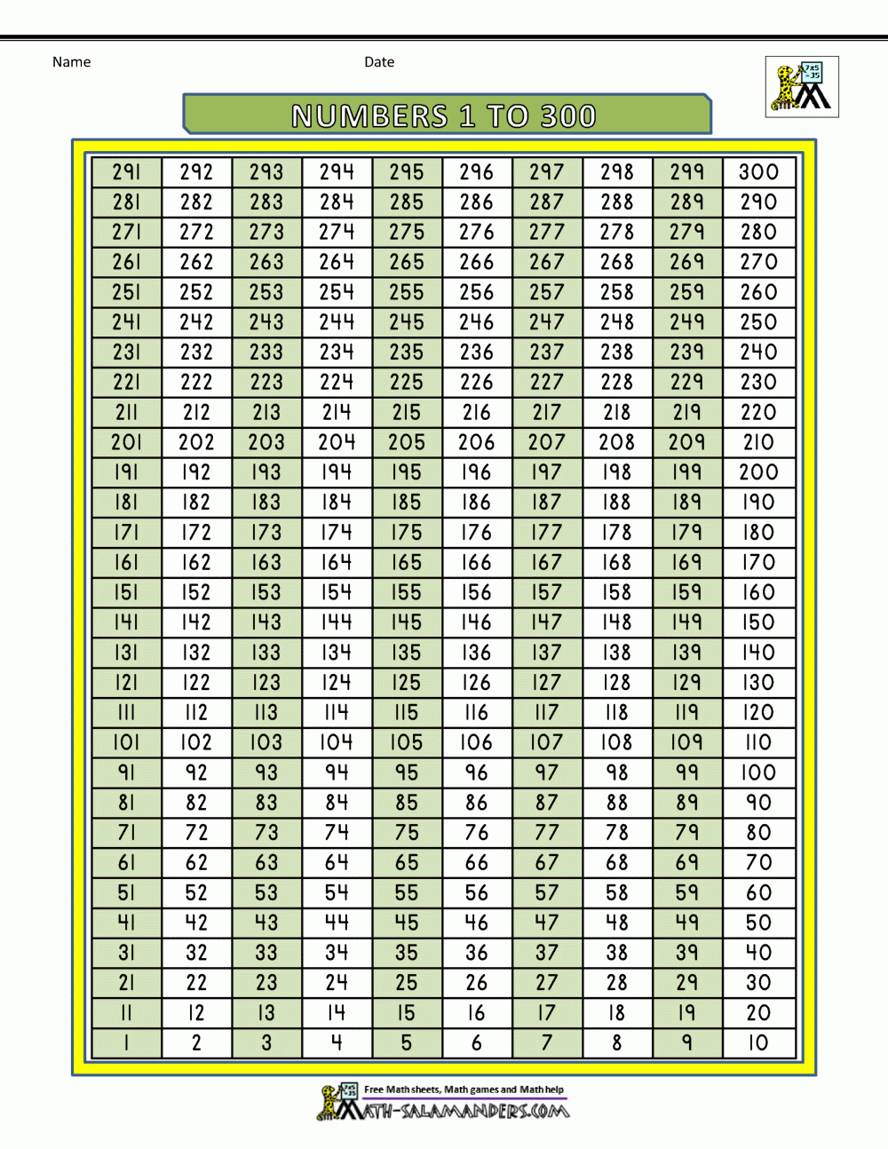 201-300 Number Chart Printable