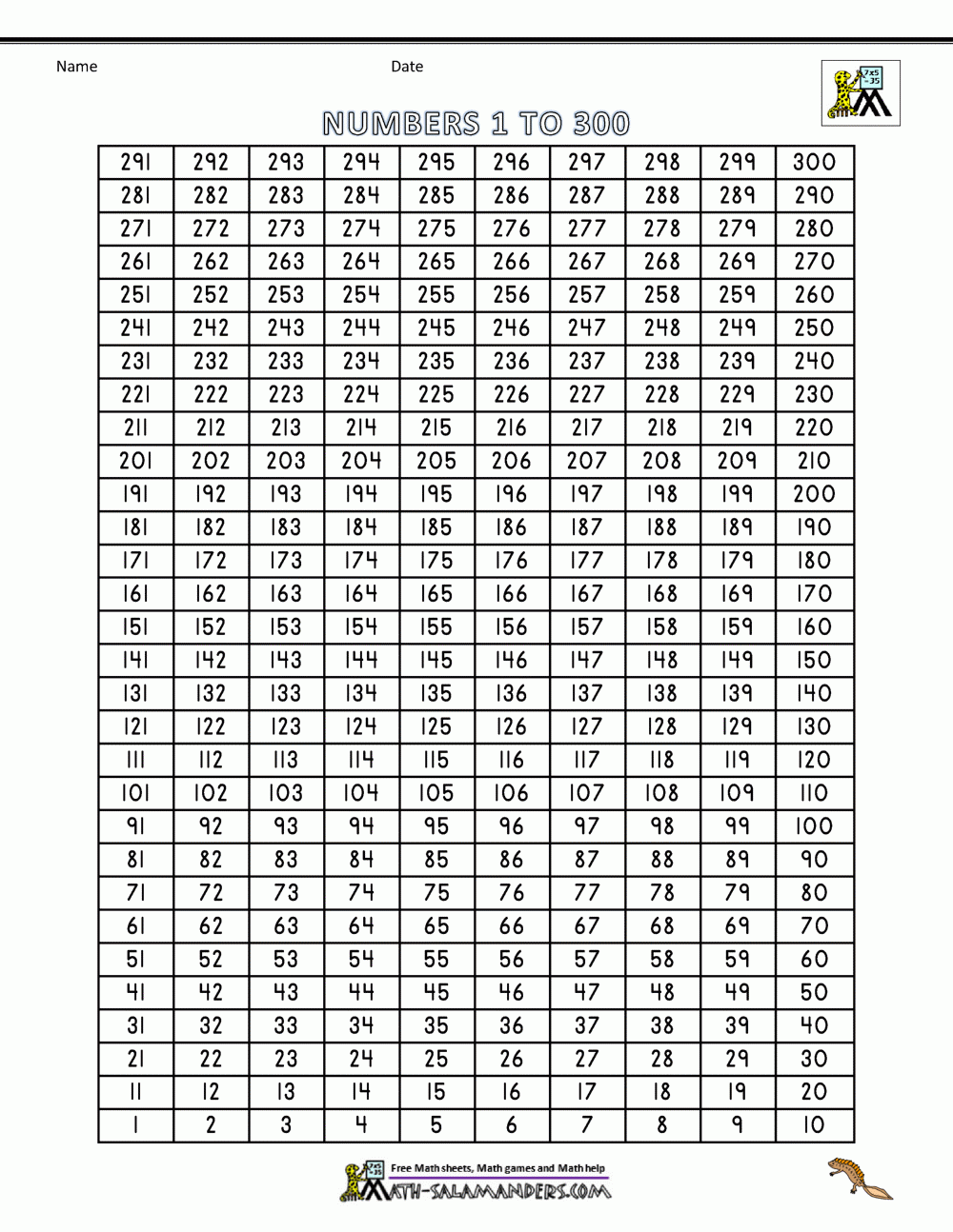 Number Grid Up To 300