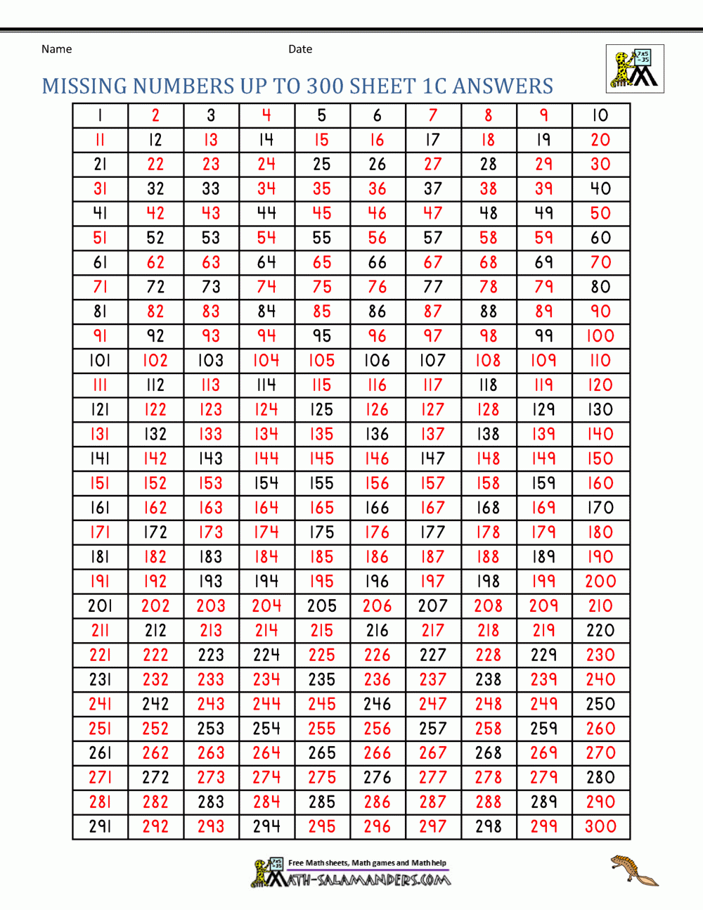 Number Grid Up To 300