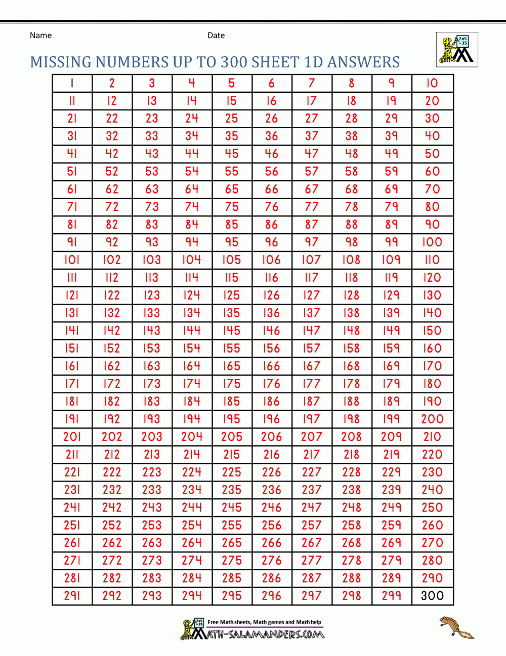 Number Grid Up To 300