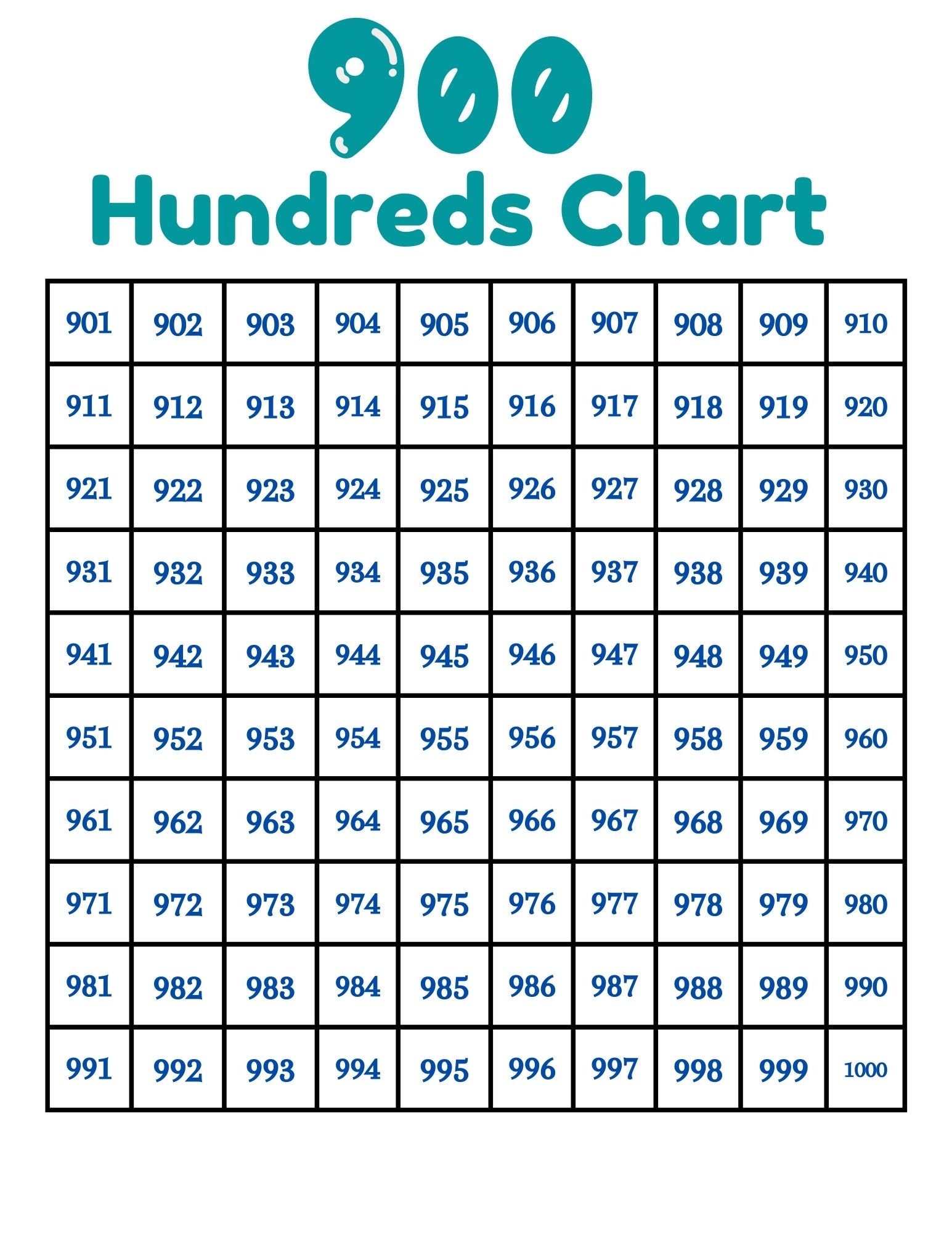 Numbers 1 1000 Hundreds Chart To 1000 digital Printable Etsy