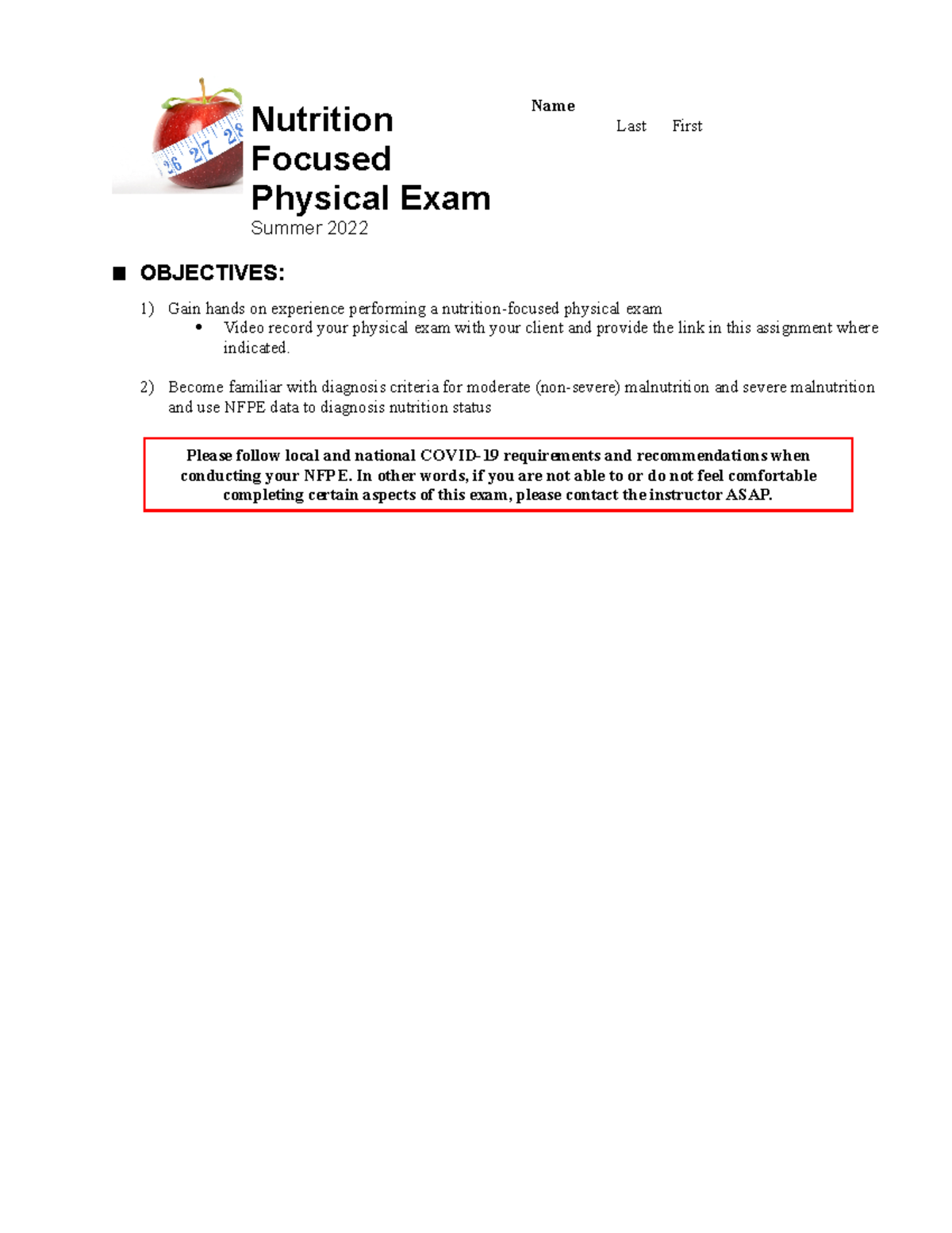 Printable Nutrition-Focused Physical Exam Chart