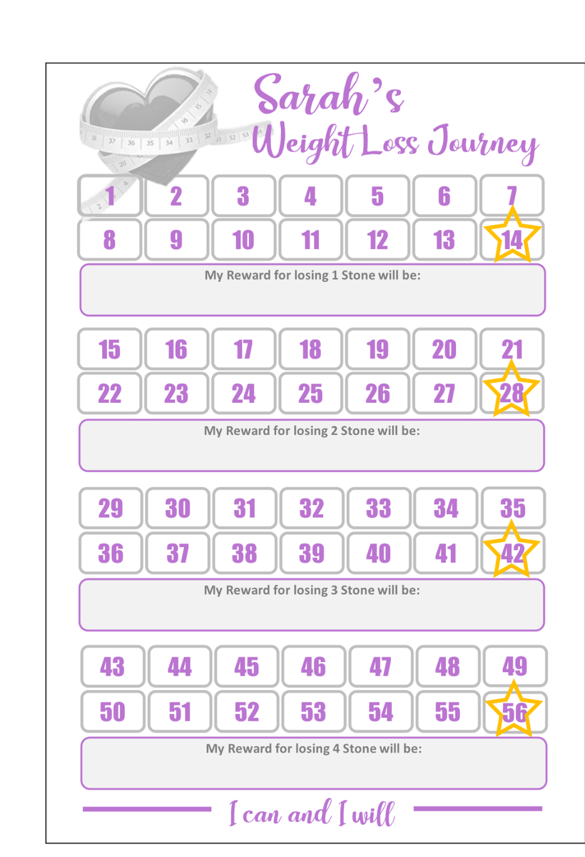 Personalised Weight Loss REWARD Chart Tracker Weight Watchers From 1 To 8 Stone EBay