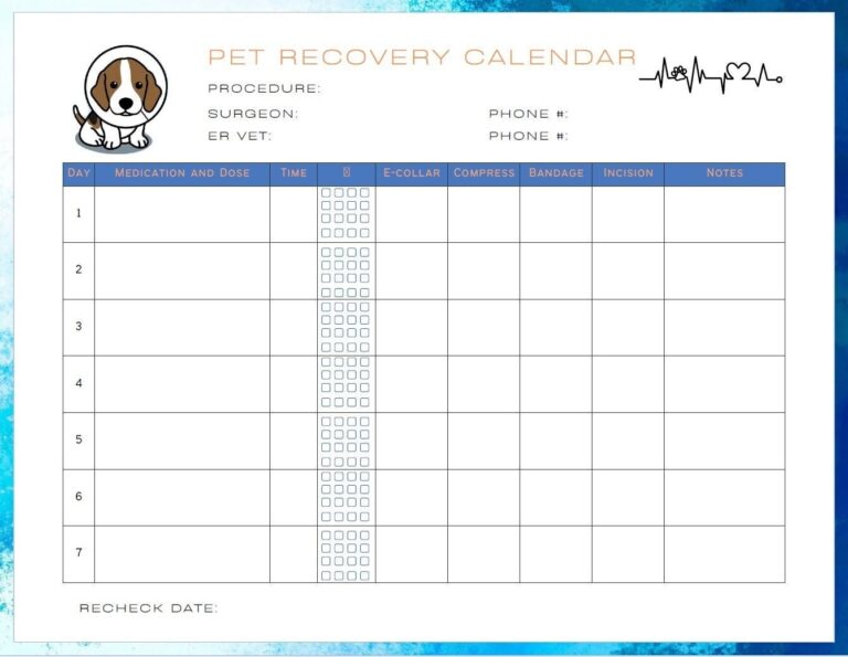Pet Recovery Calendar Post op Medication Log Pill Tracker printable Etsy