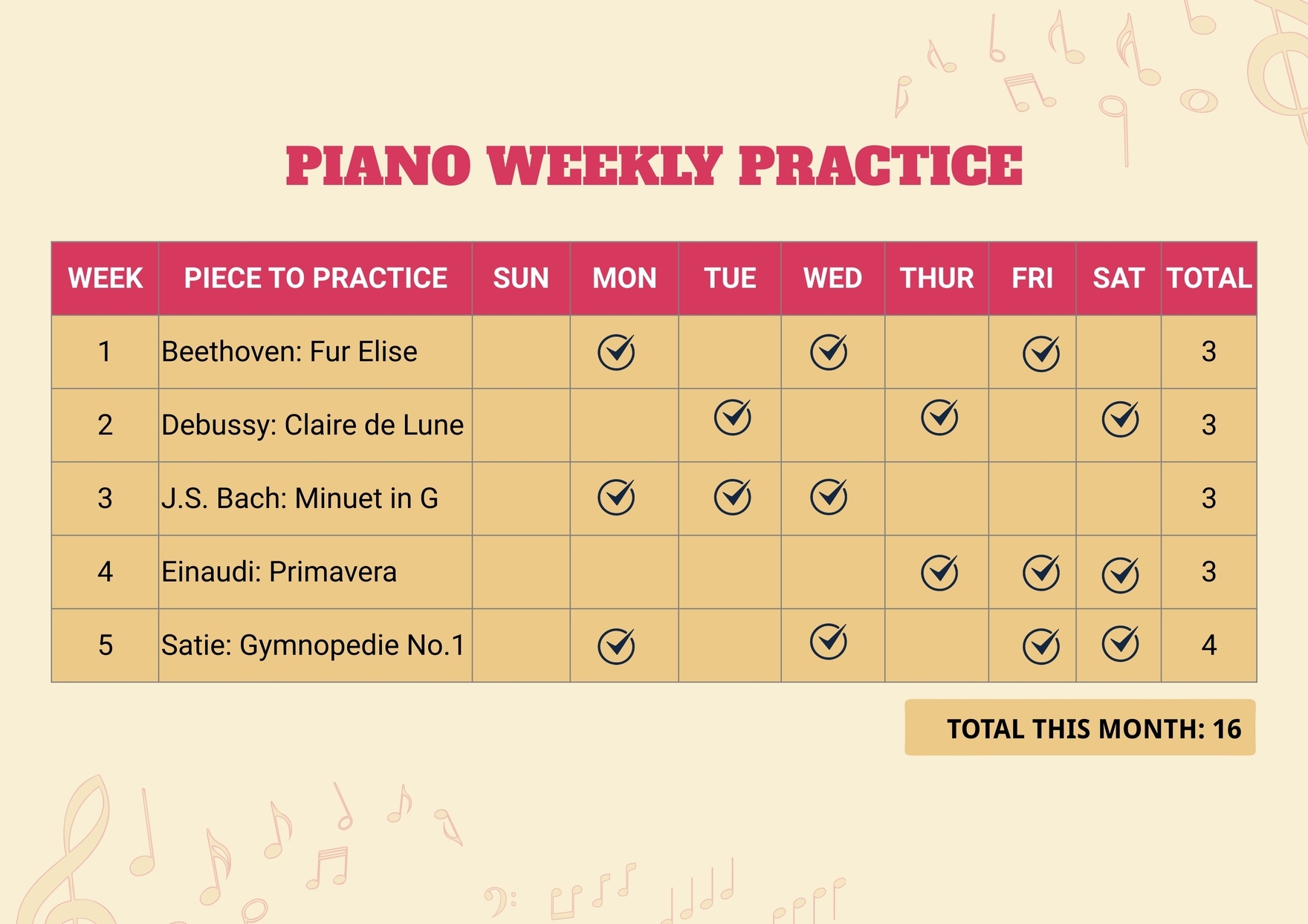 Piano Weekly Practice Chart In Illustrator PDF Download Template Piano Weekly Practice Chart In Illustrator PDF Download Template