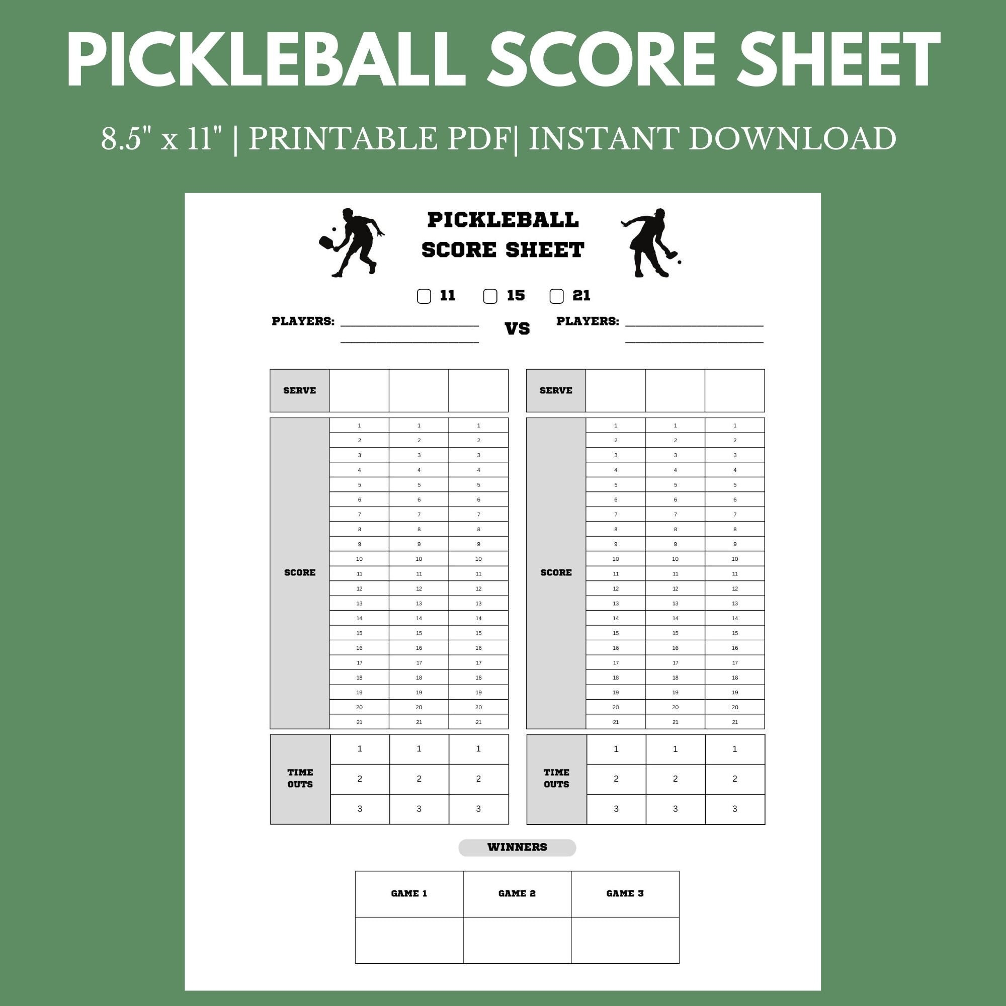 Pickleball Score Sheet 8 5 X 11 Instant Download Printable Etsy