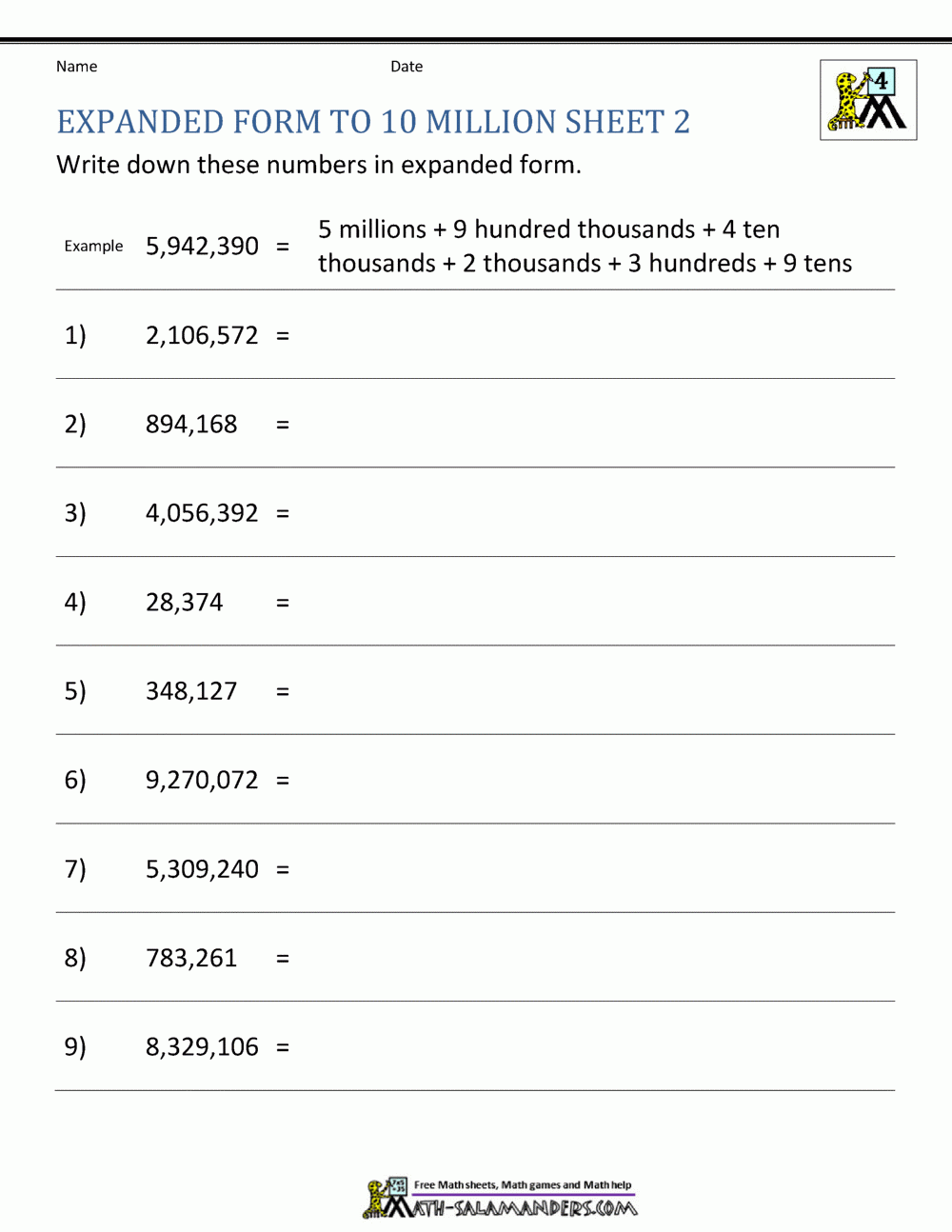 Place Value Worksheet Up To 10 Million