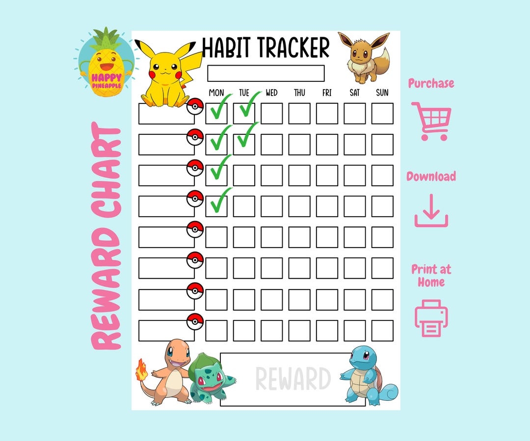 Pokemon Routine Reward Chart For Kids ADHD Routines Chore Chart Behaviour Chart Digital Download Instant Download Habit Tracker Etsy
