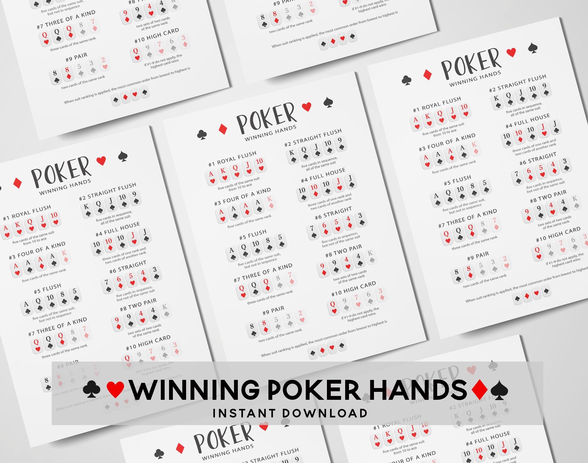Poker Winning Hands Cheat Sheet Instant Download Printable 2 up And 4 up On A4 US Letter Perfect For Poker Nights Etsy