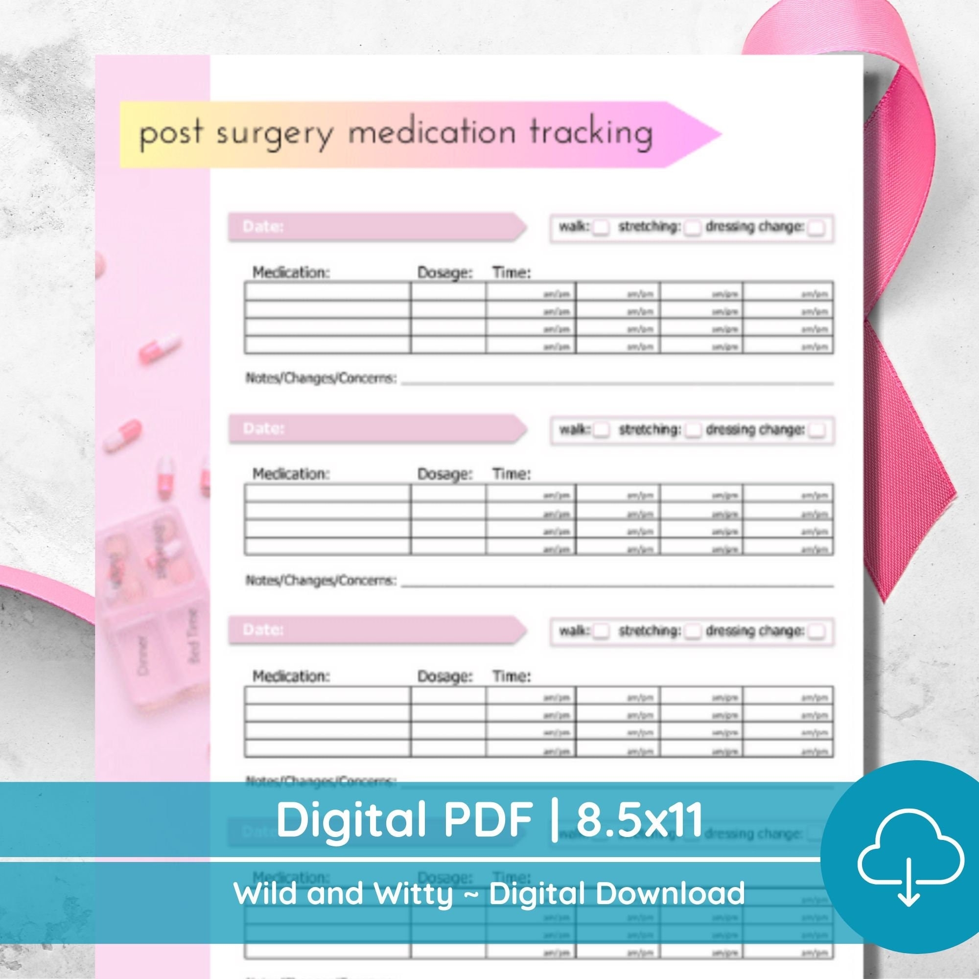 Post Surgical Medication Tracker PDF Breast Cancer Post surgery Printable Tracker PDF Post Surgery Pill Schedule Home Care Medication Log Etsy