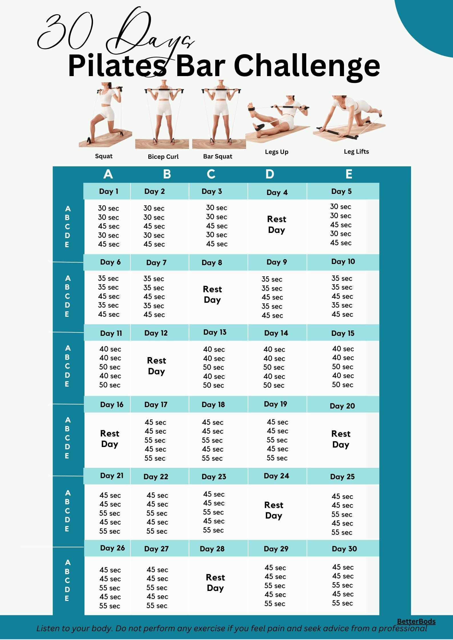 Printable Barre Exercises Pilates Bar Workout Chart