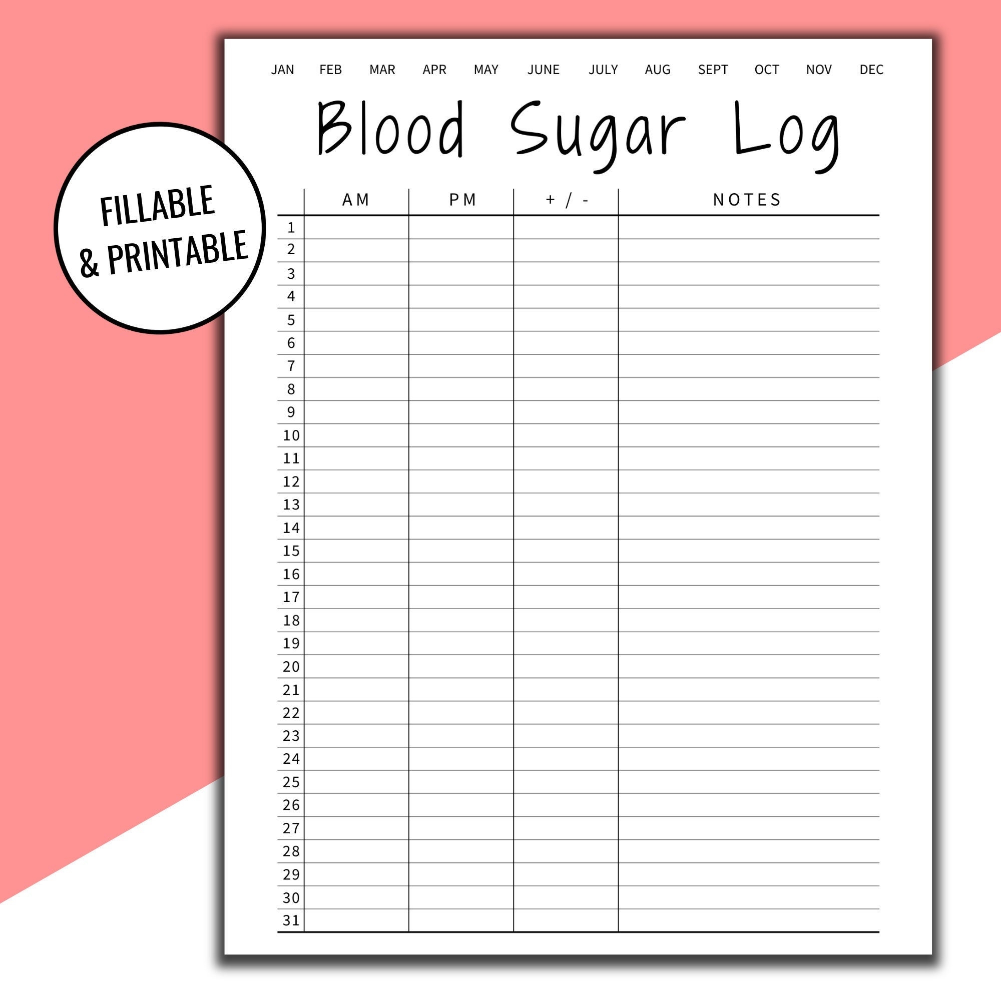 Printable Blood Sugar Log Monthly Etsy Printable Blood Sugar Log Monthly Etsy