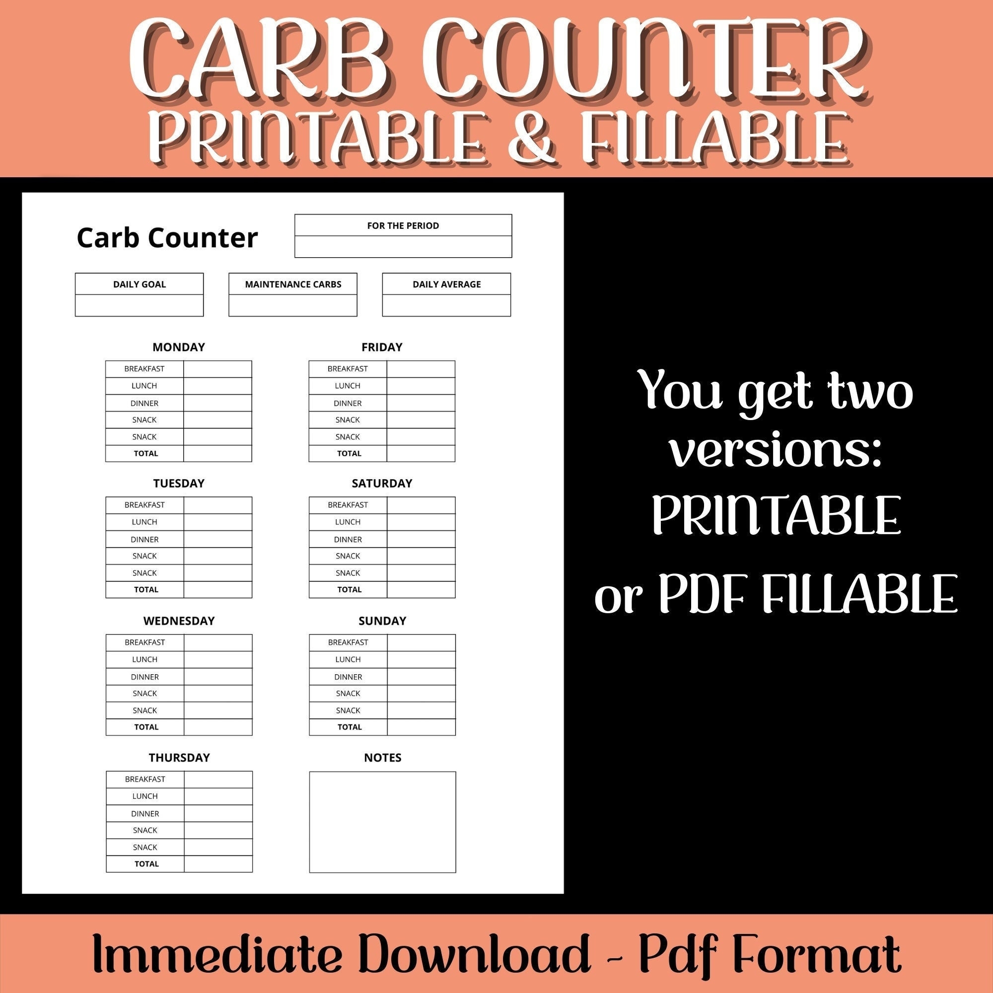 Printable Carb Counter Keto Diet Tracker PDF Fillable Etsy