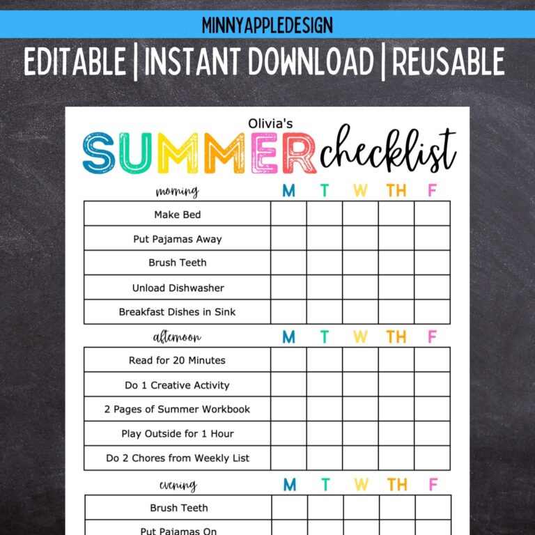 Printable Editable SUMMER Daily Checklist For Kids Chore Chart For Kids Summer Rules Summer Routine Instant Download Etsy