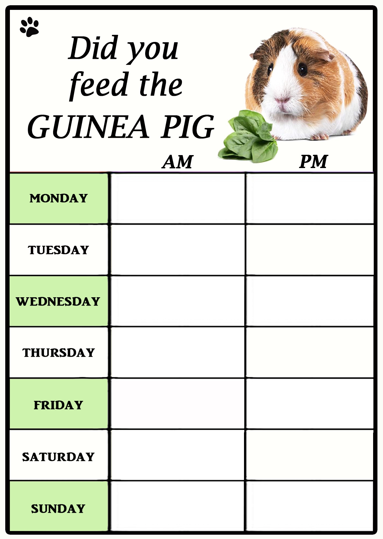 Printable Guinea Pig Care Sheet Guinea Pig Checklist Guinea Pig Weekly Care Planner Guinea Pig