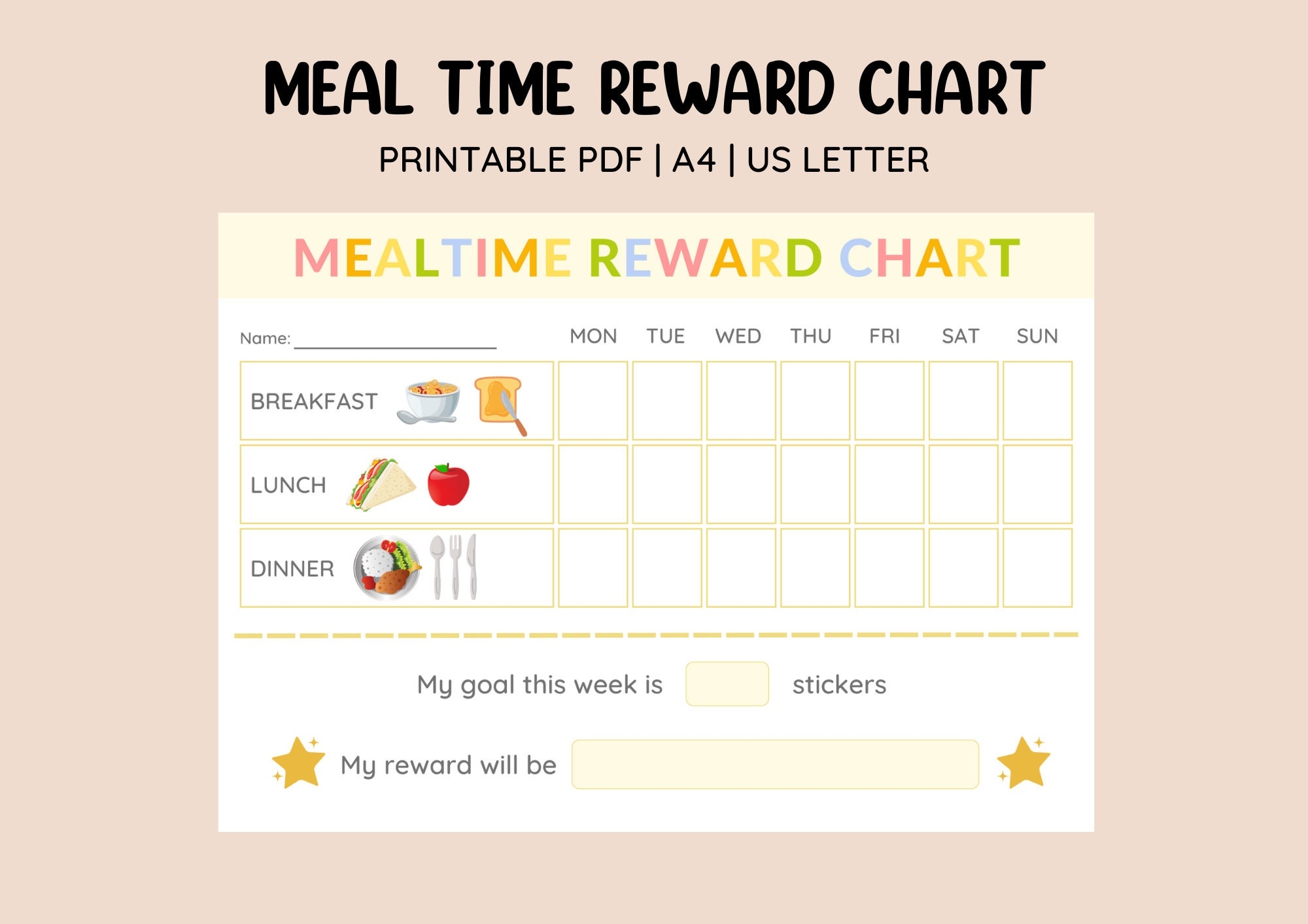 Printable Healthy Food Habit Reward Chart Meal Time Reward Chart Kids Food Chart Picky Eaters Sticker Chart Behaviour Chart Etsy