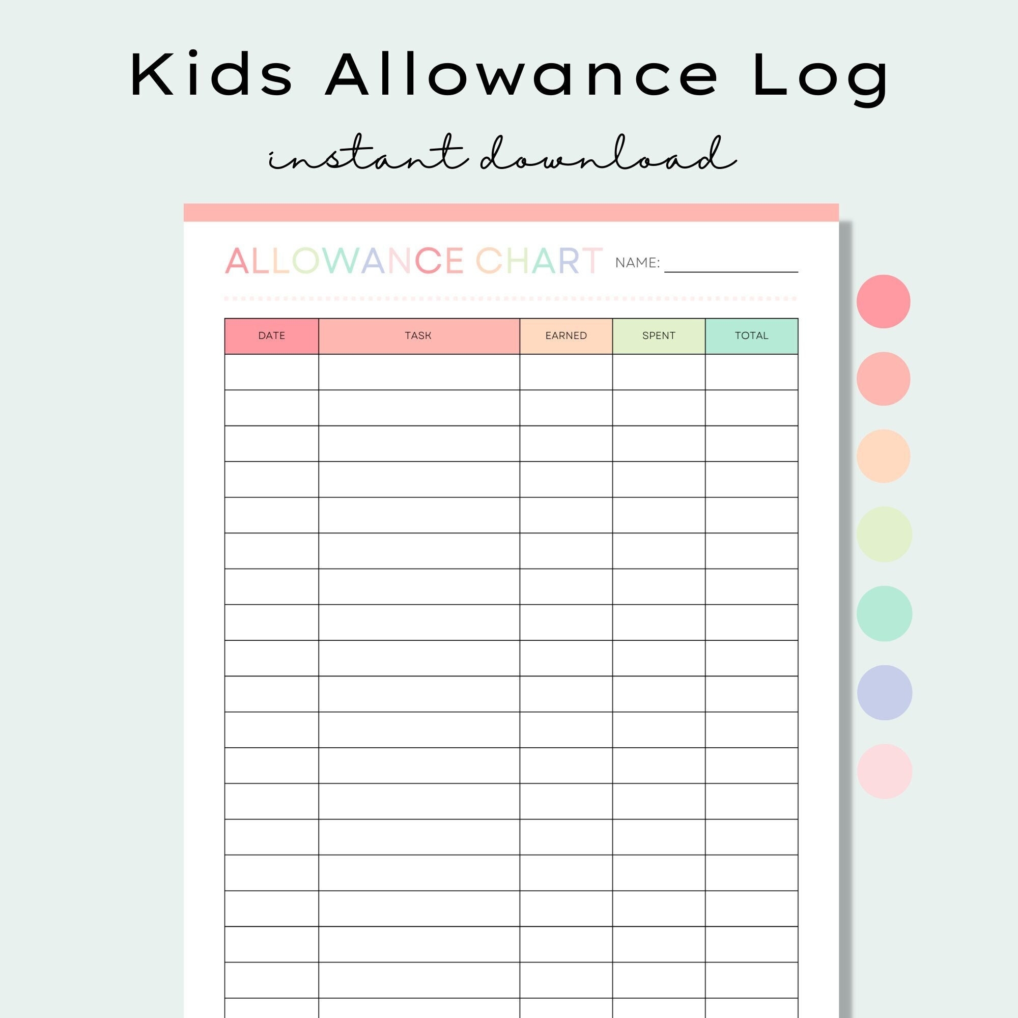 Printable Kids Allowance Chart Allowance Tracker Kids Savings Tracker Weekly Allowance Chore Chart Money Reward Chart Money Management Etsy