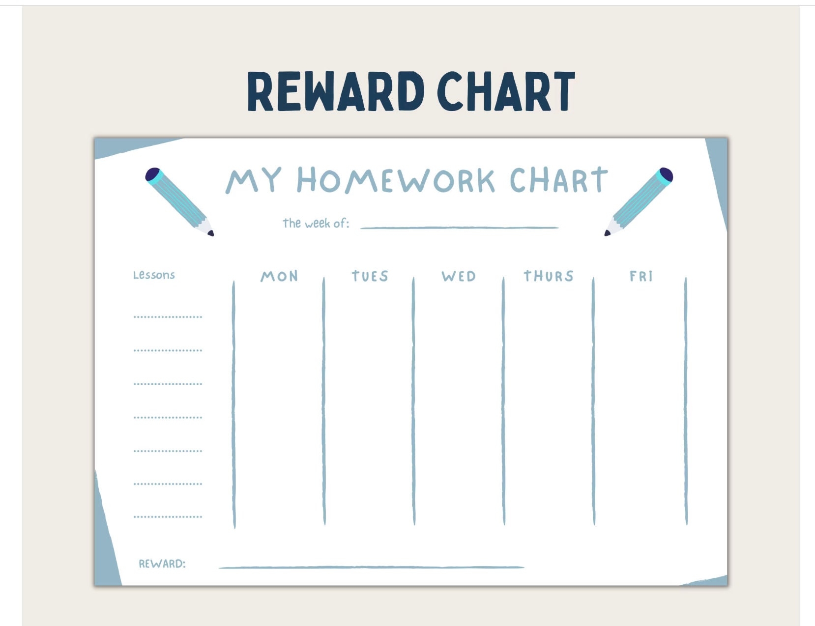 Printable Kids Homework Reward Chart Weekly Planner PDF File Etsy
