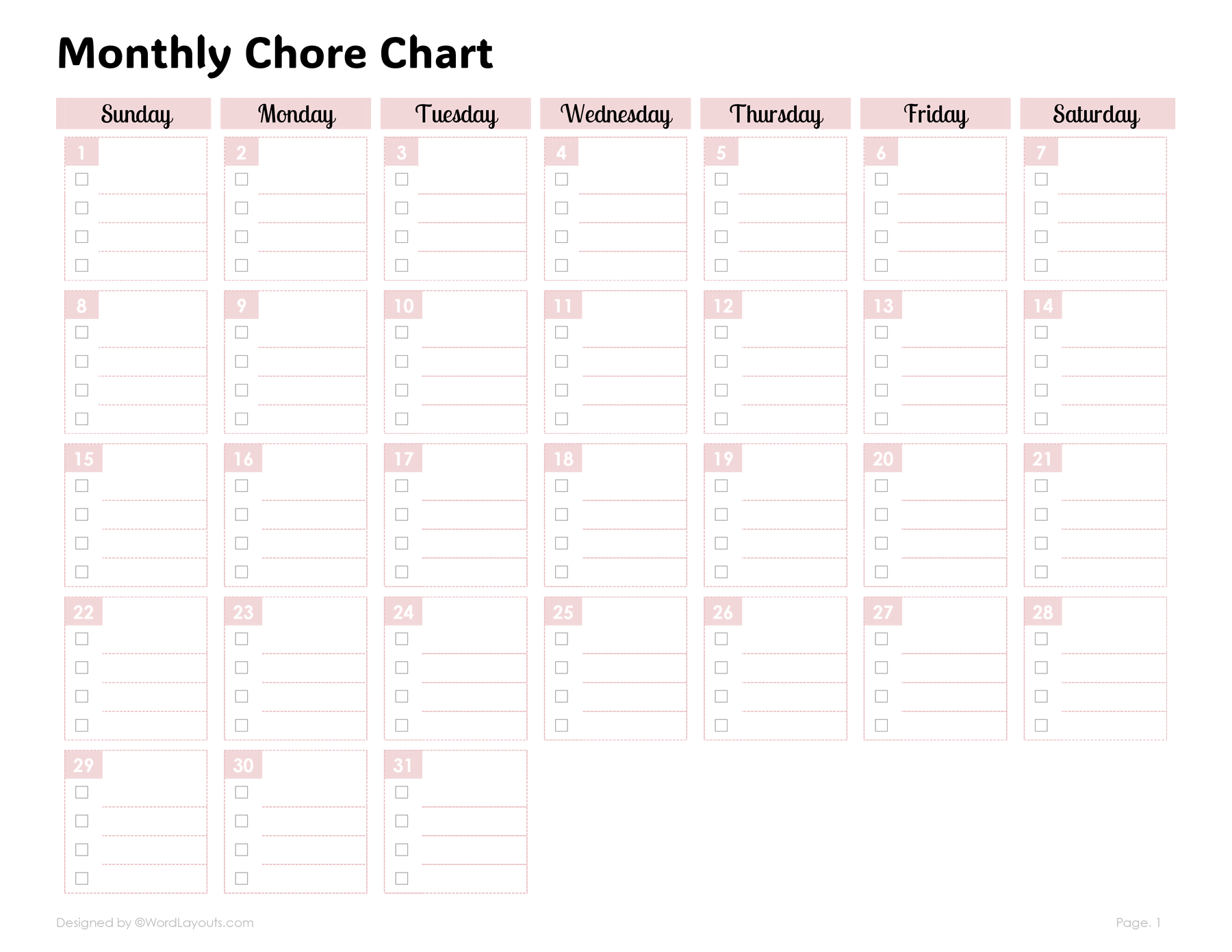 Printable Monthly Chore Chart Template WordLayouts