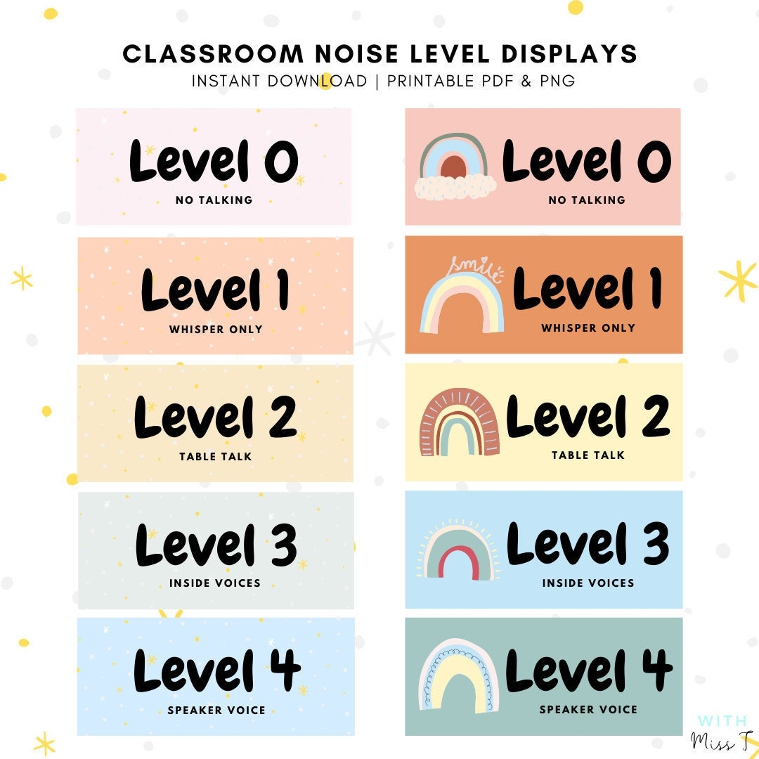 Printable Noise Level Display Signs Organic Rainbow Classroom Setup Essential Etsy