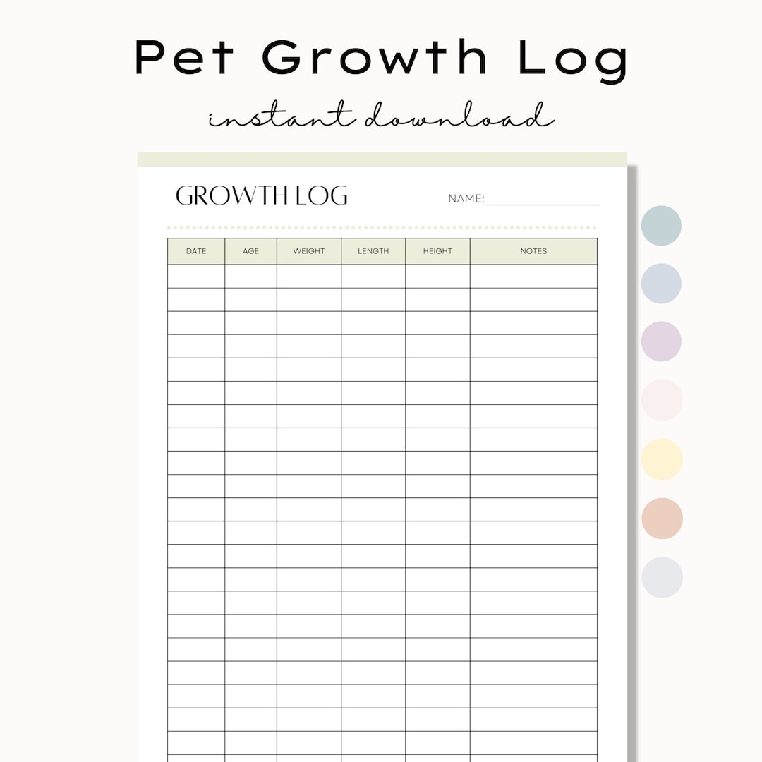 Printable Pet Growth Log Dog Growth Cat Growth Puppy Growth Kitten Growth Pet Weight Tracker Pet Growth Chart Instant Download PDF Etsy