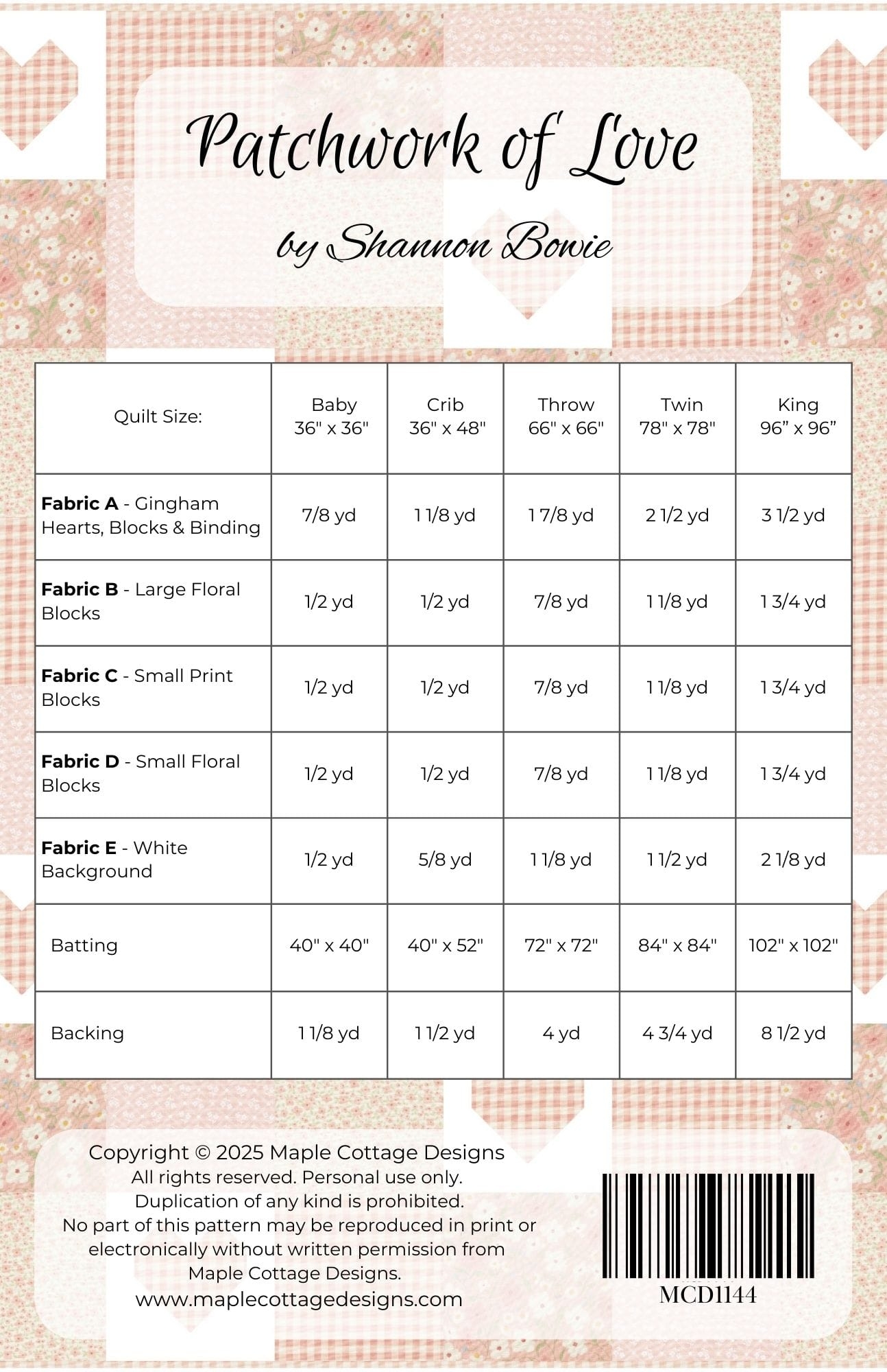 Printable Quilt Sizes Chart