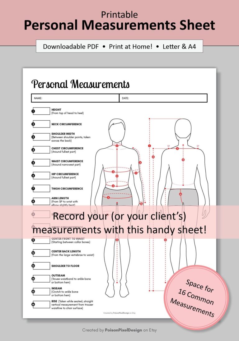 Printable Sewing Sheet Men s Measurement Sheet digital PDF Download Letter A4 Etsy