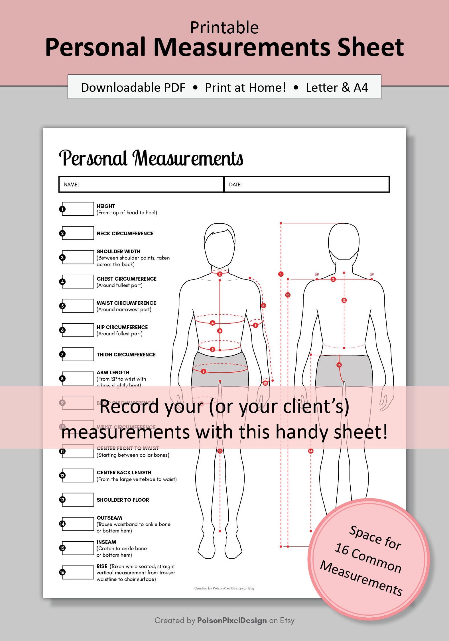 Printable Sewing Sheet Men s Measurement Sheet digital PDF Download Letter A4 Etsy
