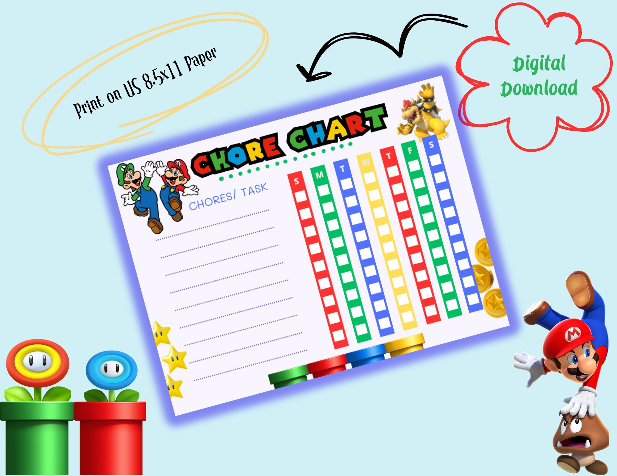 Printable Super Mario Chore Chart Etsy
