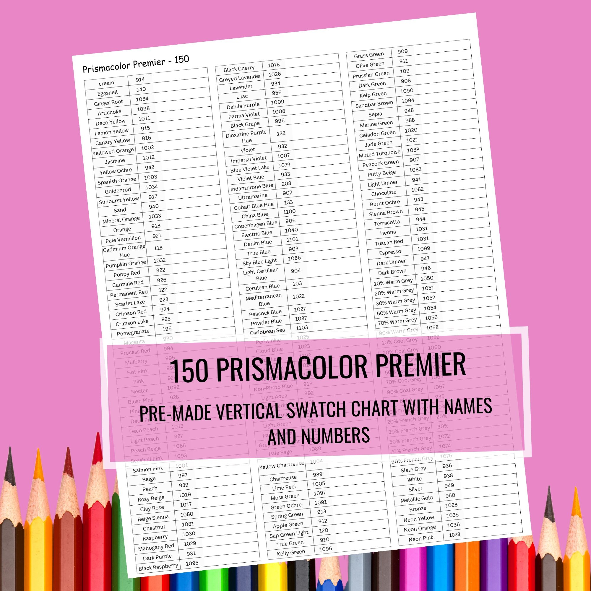 Prismacolor 150 Premiers Colored Pencils Swatch Chart US LETTER A4 