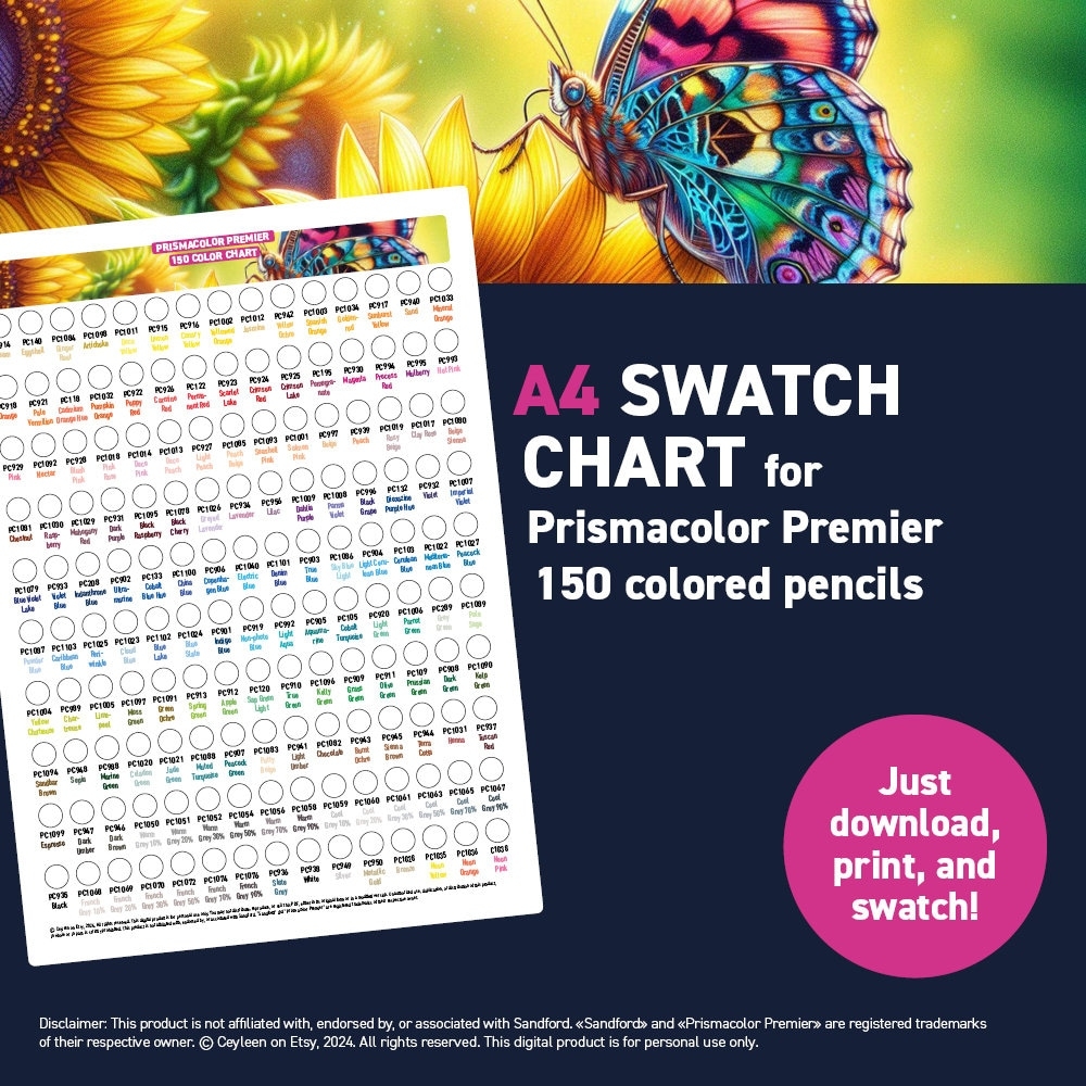 Prismacolor Premier 150 Colored Pencils A4 Swatch Chart Printable A4 PDF Digital Download Etsy