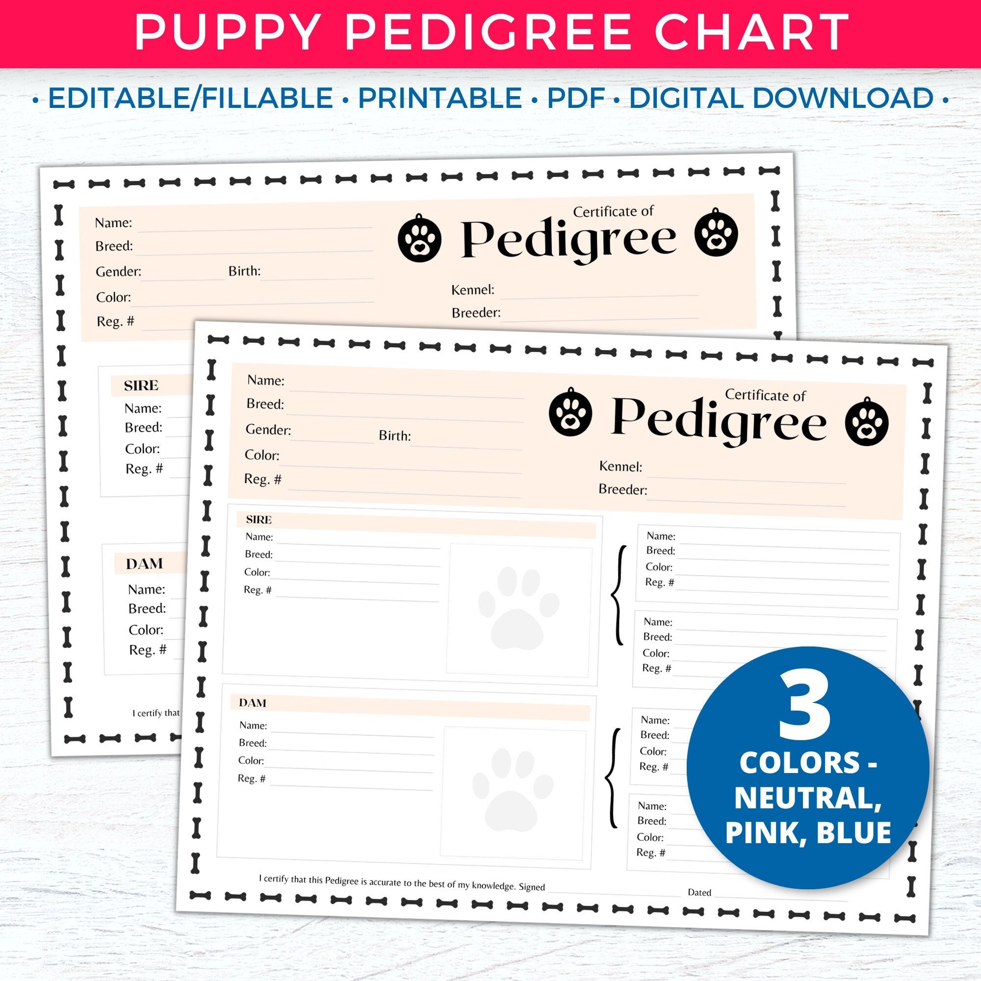 Puppy Pedigree Chart Dog Pedigree Template Certificate Dog Breeder Records Printable Dog Record New Puppy Records Editable Family Tree Etsy
