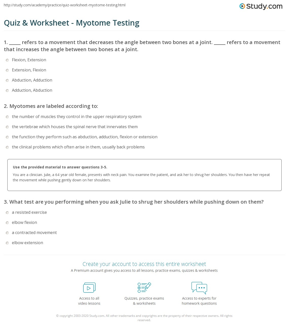 Quiz Worksheet Myotome Testing Study