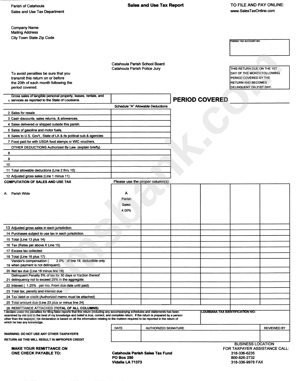 Sales And Use Tax Report Form Parish Of Catahoula Printable Pdf Download Sales And Use Tax Report Form Parish Of Catahoula Printable Pdf Download