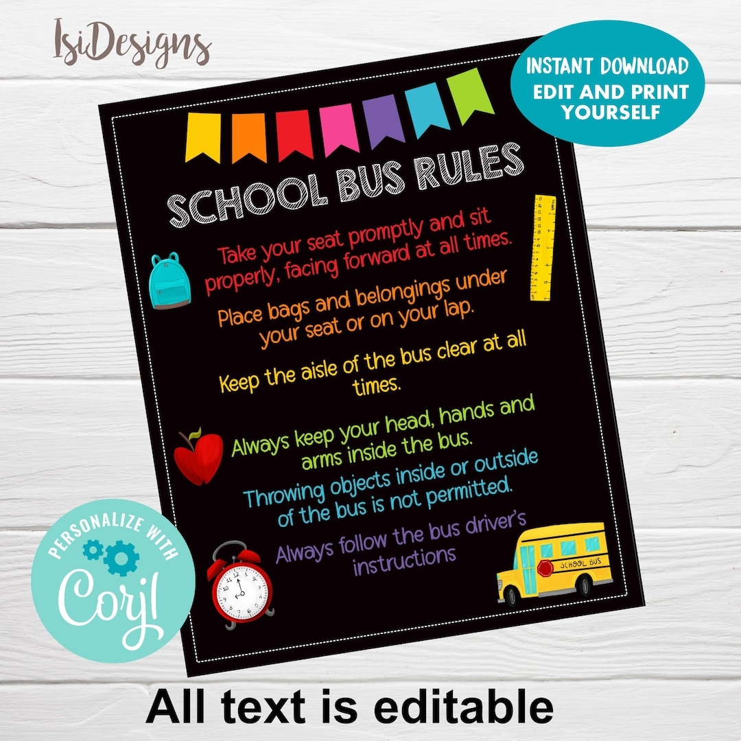 School Bus Safety Rules Instant Download Editable Template Back To School Bus Rules Editable Chalkboard Poster School Printable Etsy
