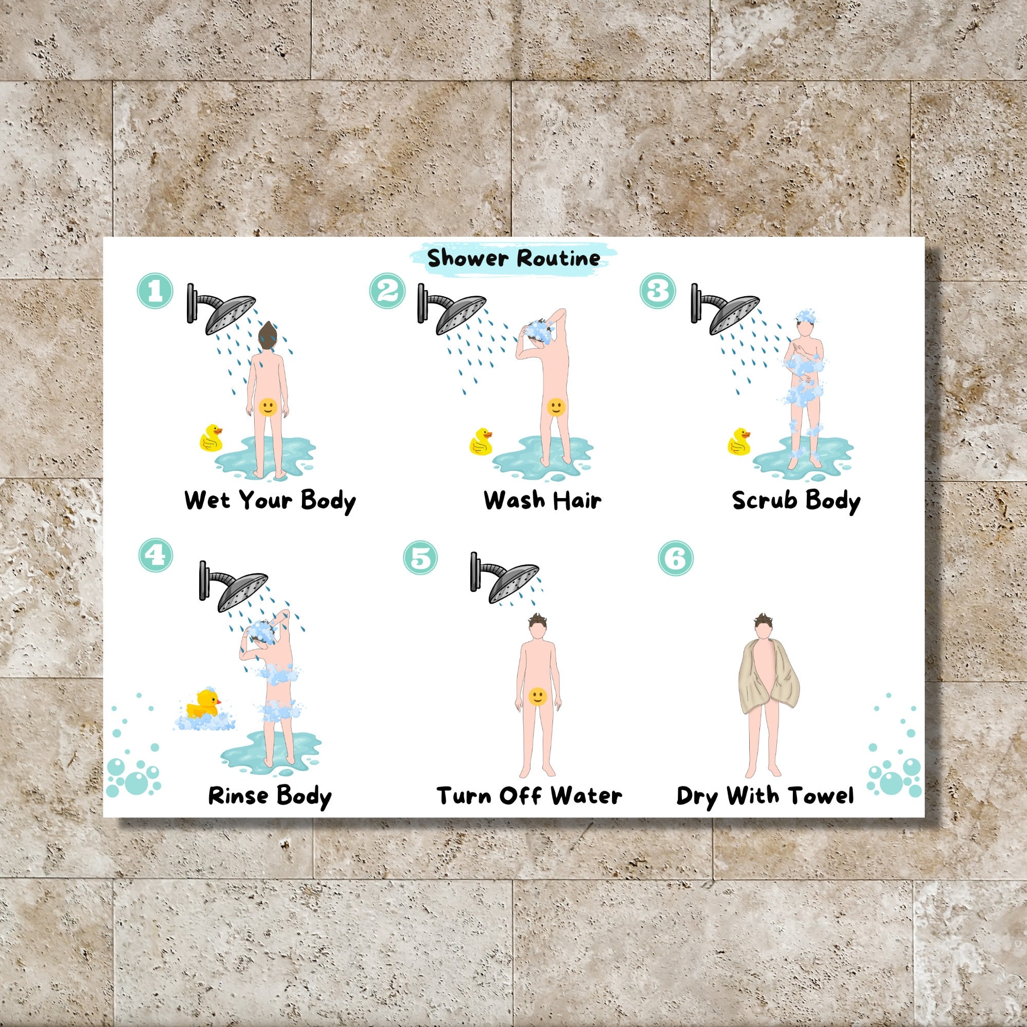 Shower Routine Chart Learning Visual Aid Boy Illustration For Kids Printable Instant Download Etsy