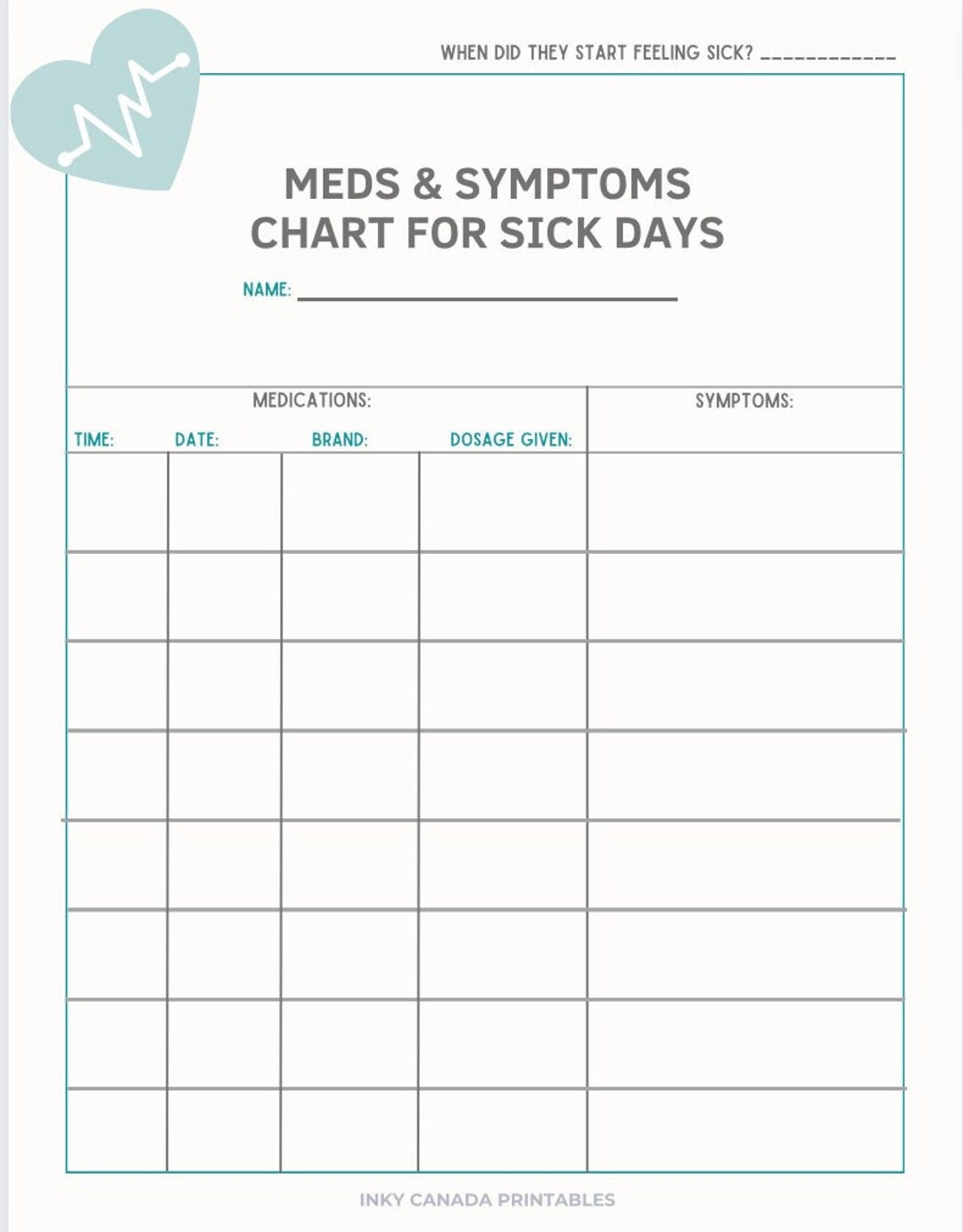 SICK DAY Meds Symptoms Chart PRINTABLE Etsy SICK DAY Meds Symptoms Chart PRINTABLE Etsy