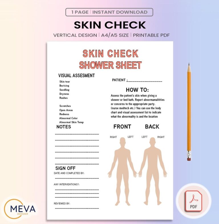 Skin Self exam Shower Sheet Body Map Checklist printable PDF Etsy