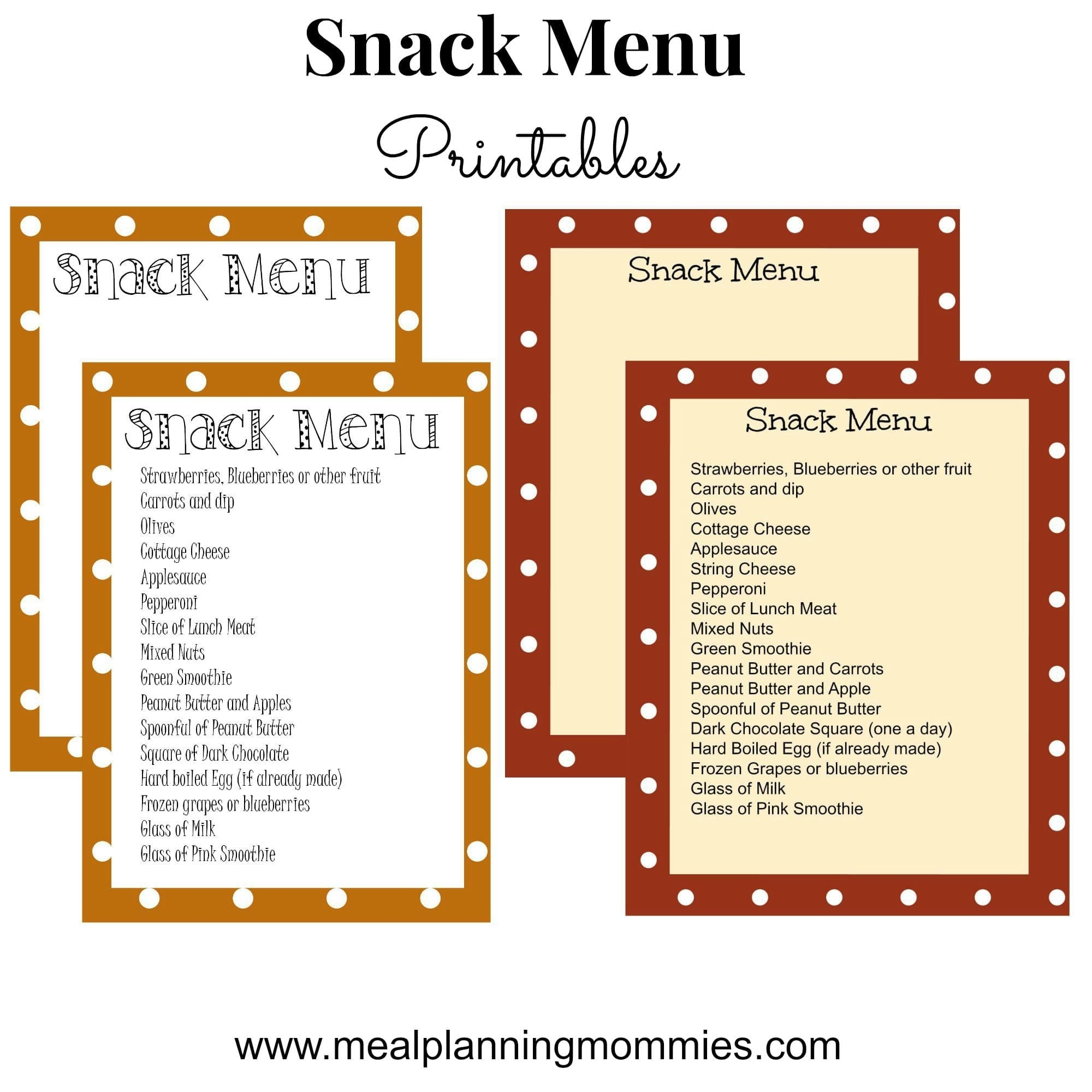 Snack Menu Printable Snack Menu Printable