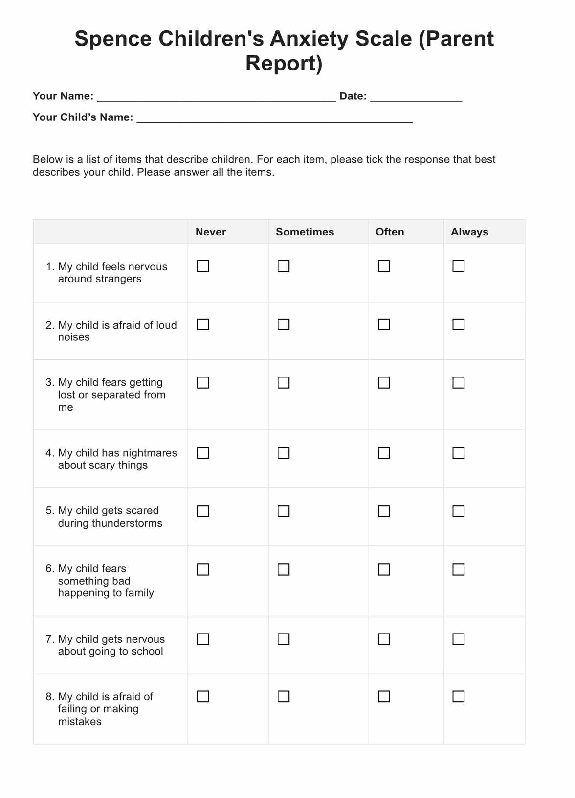 Anxiety Rating Chart For Children Printable