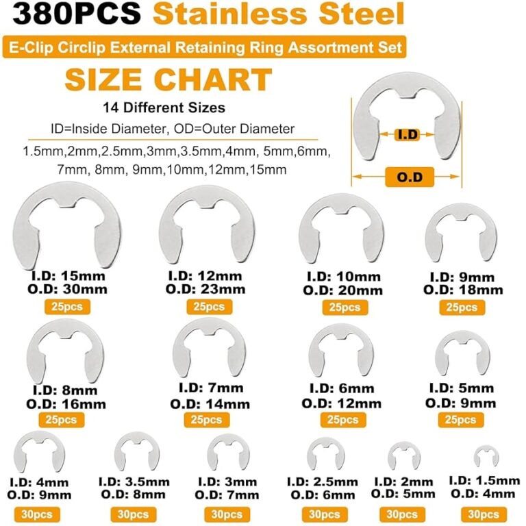 Stainless Steel Retaining Ring Assortment Toolly 380 Piece Stainless Steel E Clip Assortment 14 Sizes Metric Retaining Rings Kit With Storage Case Toolly 380pc Stainless Steel E clip Assortment Set